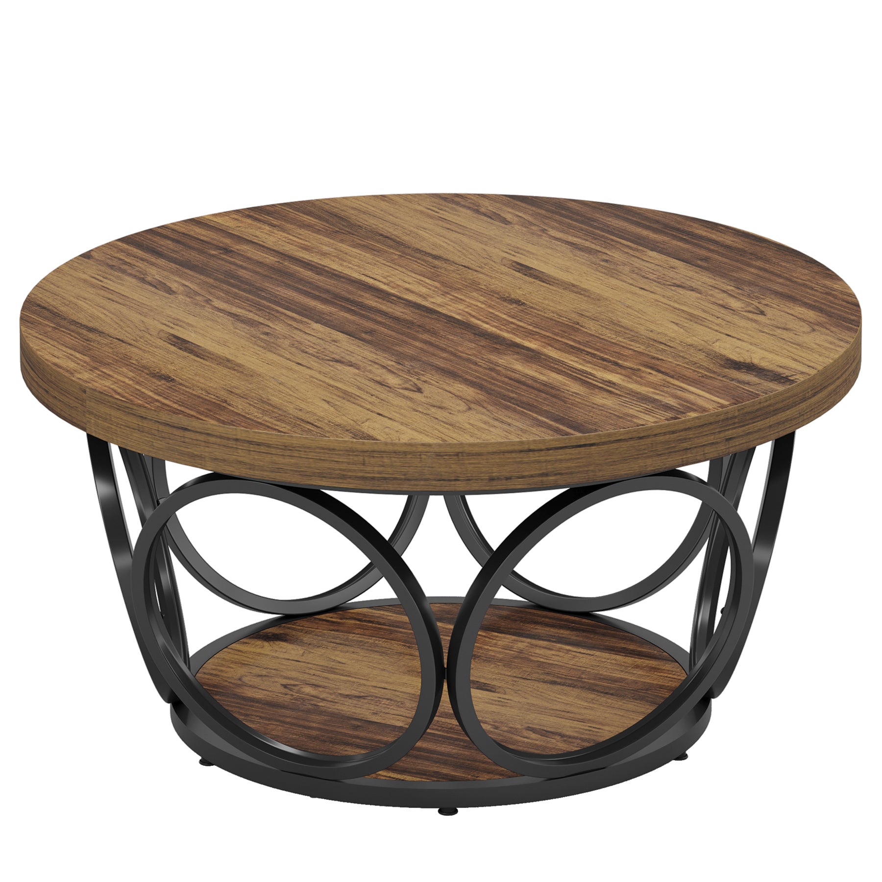 80 cm Ronde Salontafel, Landelijke Tafels met Dubbele Opbergplanken in Houtstructuur