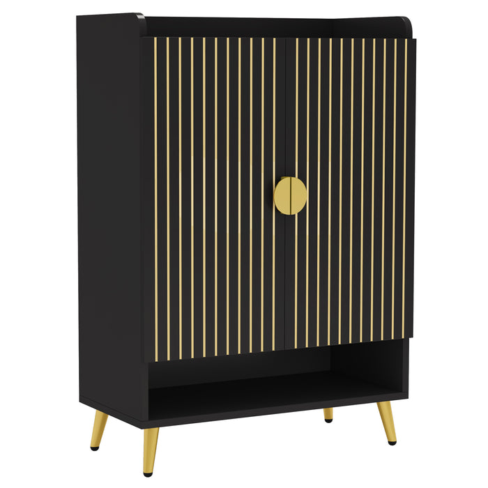 110 cm Schoenenkast, Witte Opbergmeubel met Zeven Planken en Gouden Frame