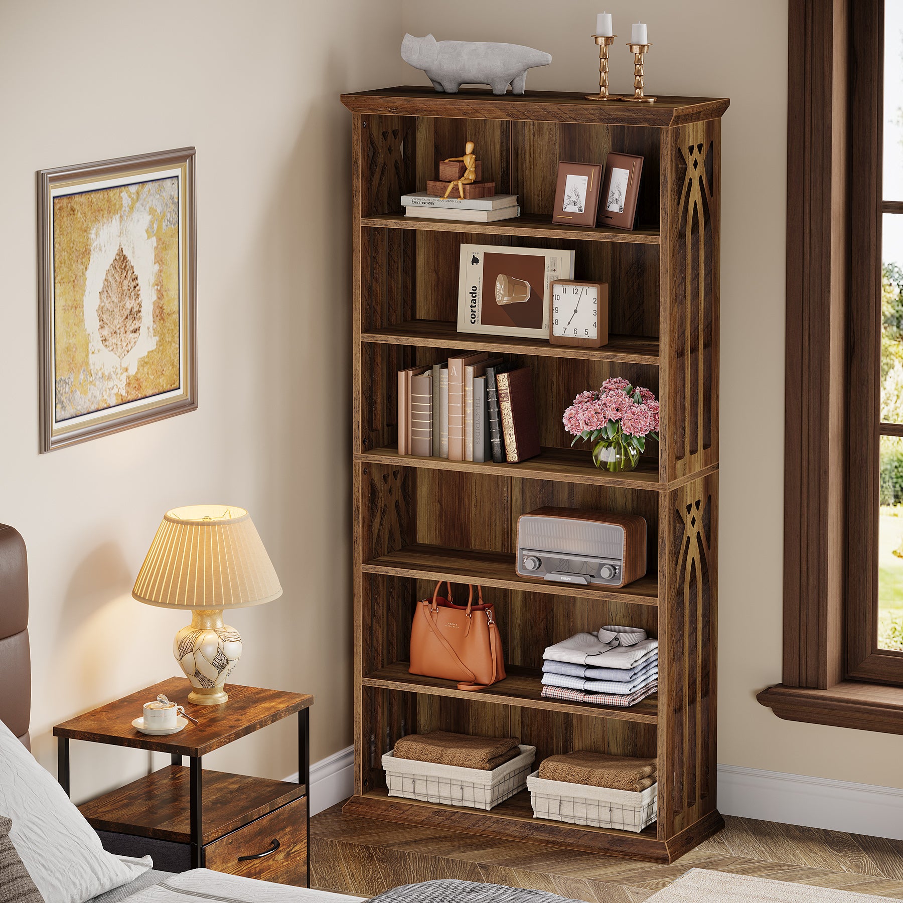 190 cm Hoge Boekenkast met 6 Lagen, Ruime Vrijstaande Houten Opberg- en Displaykast, Bruin