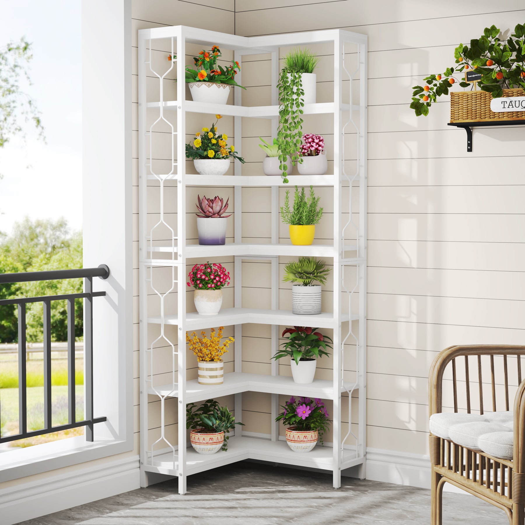 200 cm Hoge Industriële Hoekkast, 7-Lags Hoekwandplanken in Rustiek Bruin voor Woonkamer en Kantoor