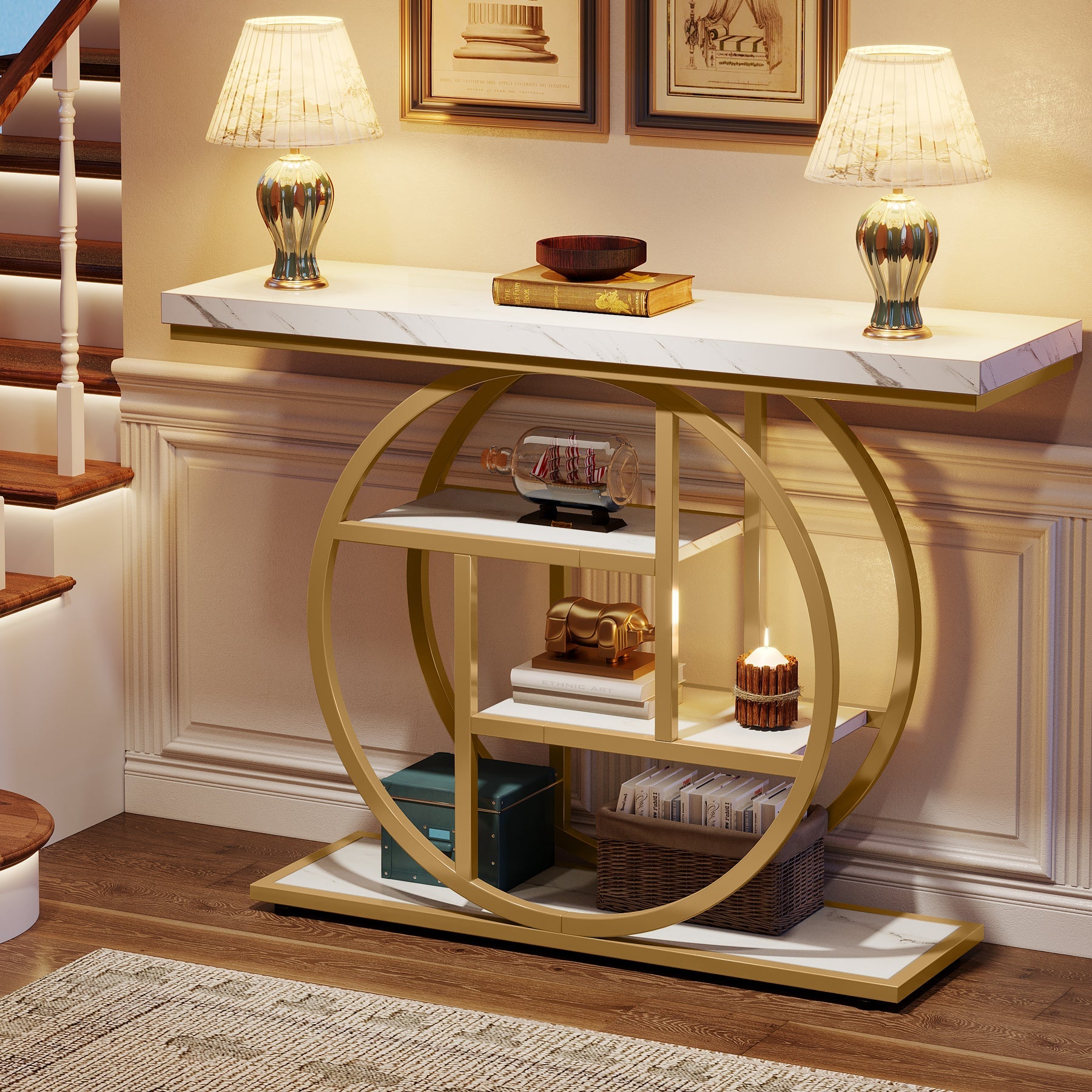 105 cm Industriële Console, 4 Planken met Ronde Basis voor Hal en Woonkamer