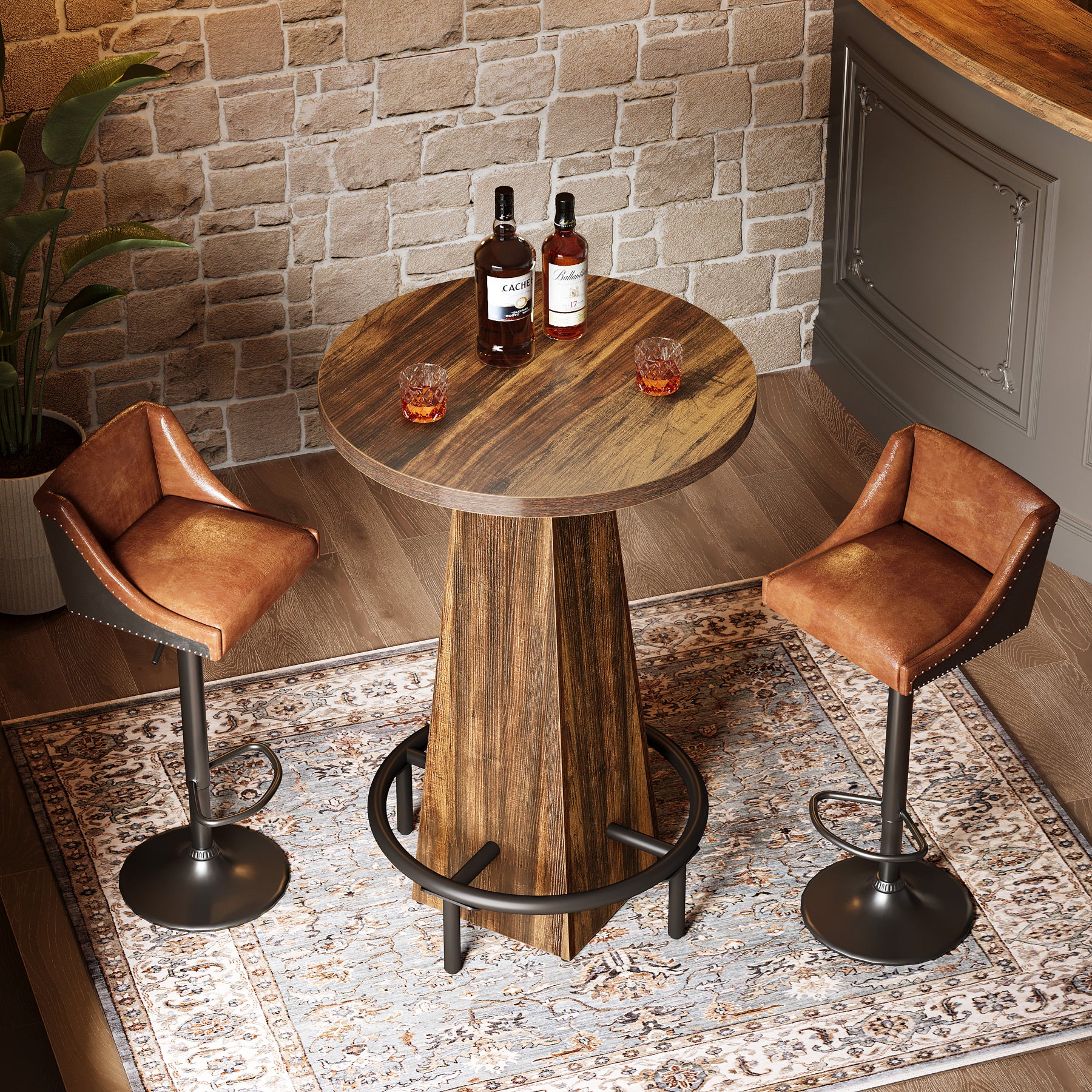 95 cm Ronde Bartafel van Hout, Bistro Statafel met Metalen Voetring voor Keuken en Woonruimte