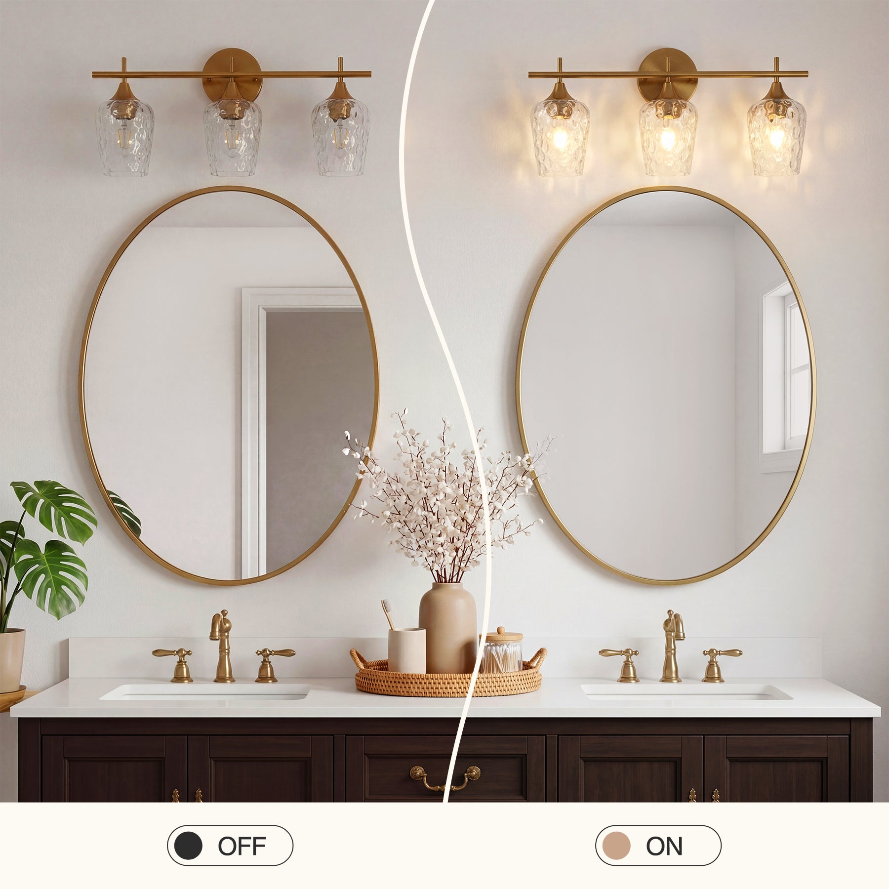 53 x 17 x 27 cm Tribesigns 3-lichts badkamerwandlamp met E27 fitting, gouden wandlamp met golfglazen kappen voor badkamerspiegel