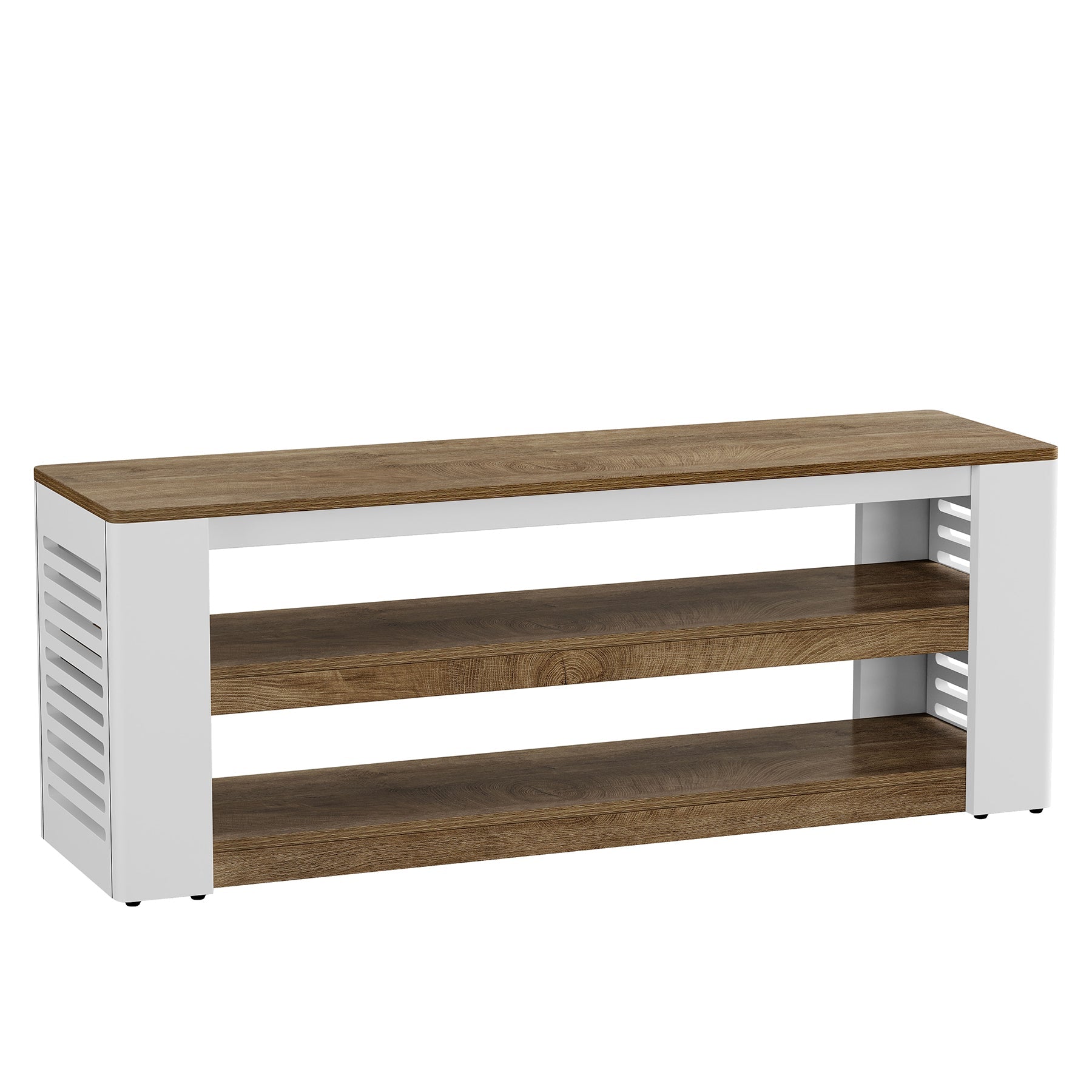160 cm TV-meubel voor tv's tot 75 inch, 3-laags tv-dressoir met opbergruimte en stijlvolle lattenpanelen aan de zijkanten
