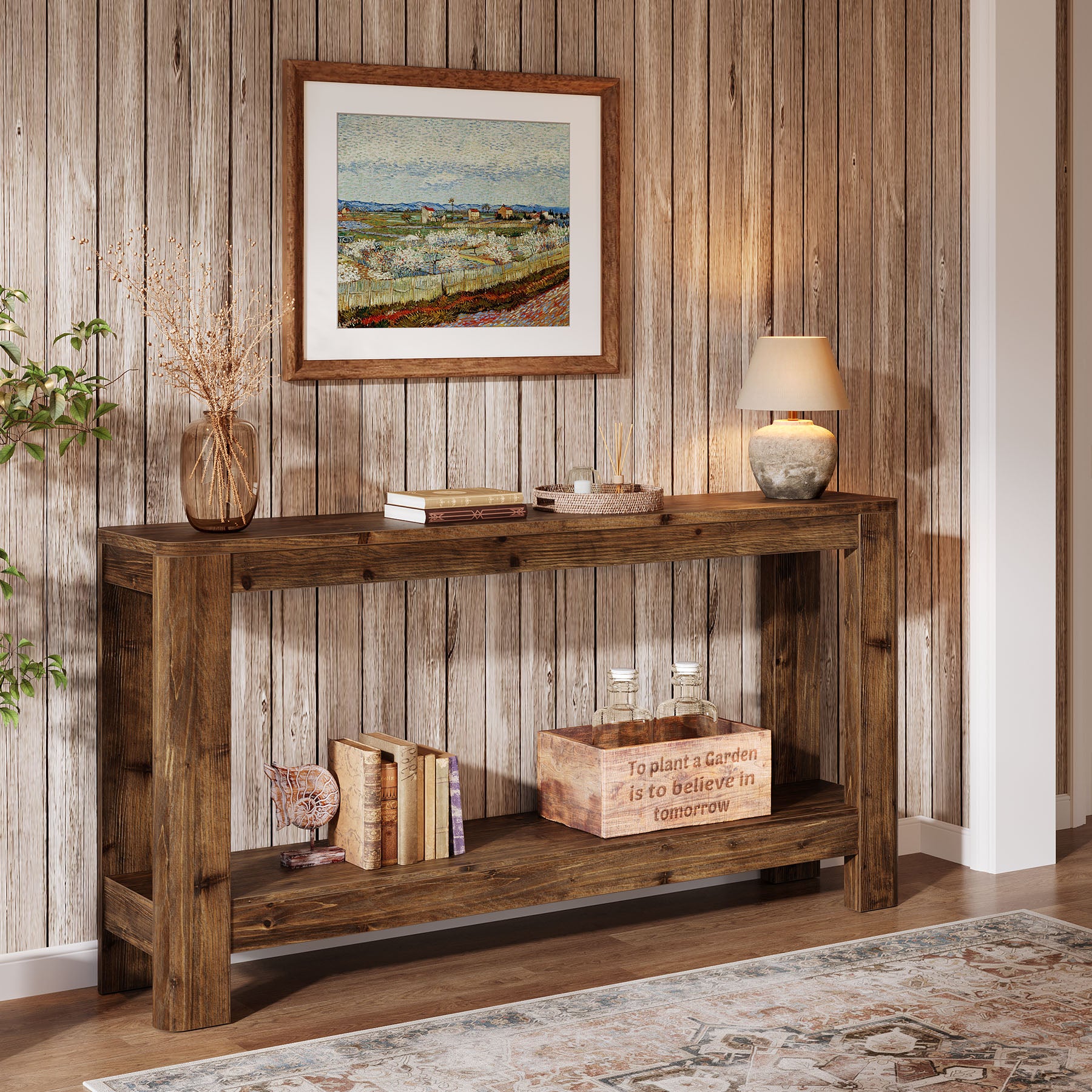 160 cm Massief Houten Consoletafel, Smalle Farmhouse Sidetable met Rek