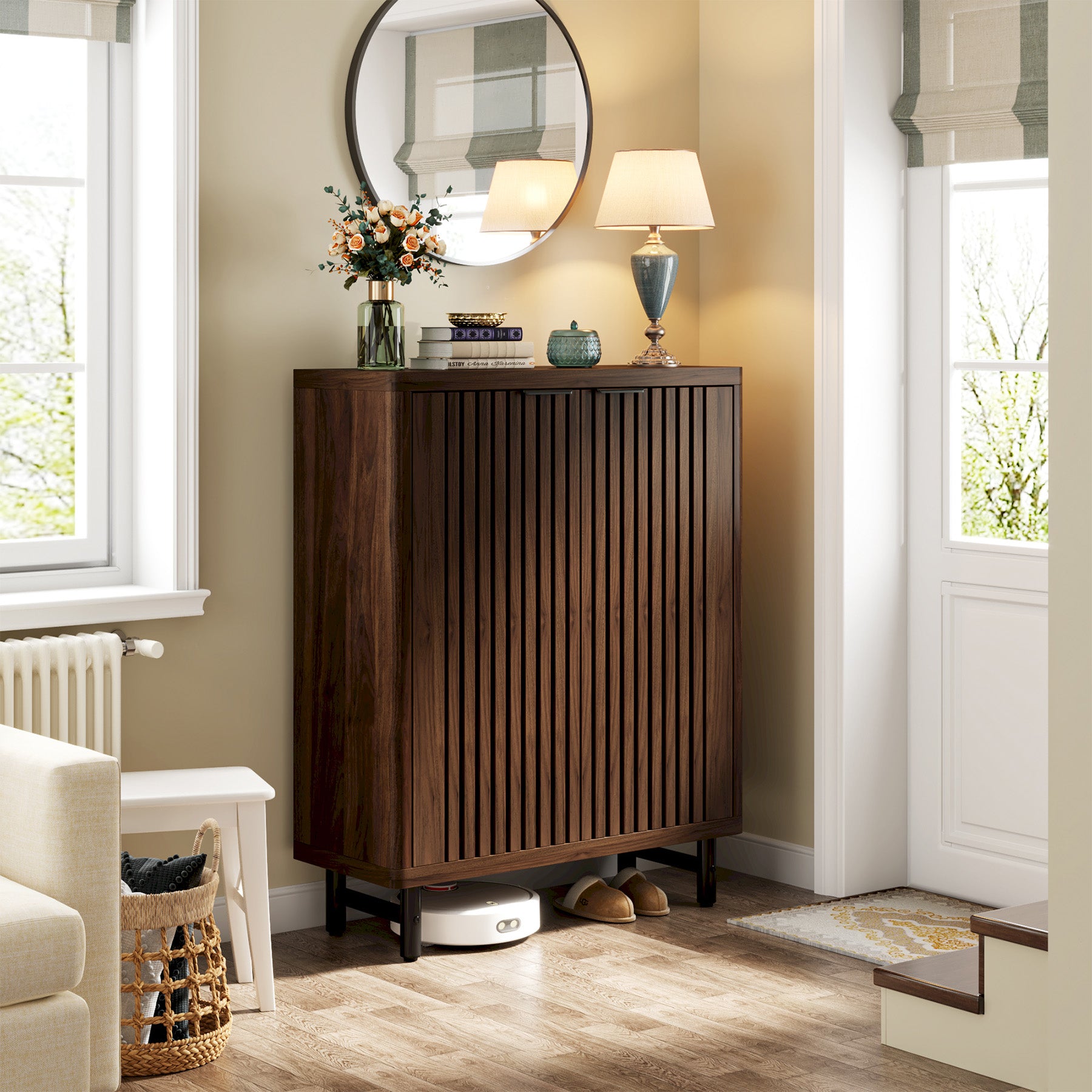 110 cm Retro Schoenenkast, Zes Planken Opbergmeubel met Verstelbare Schappen