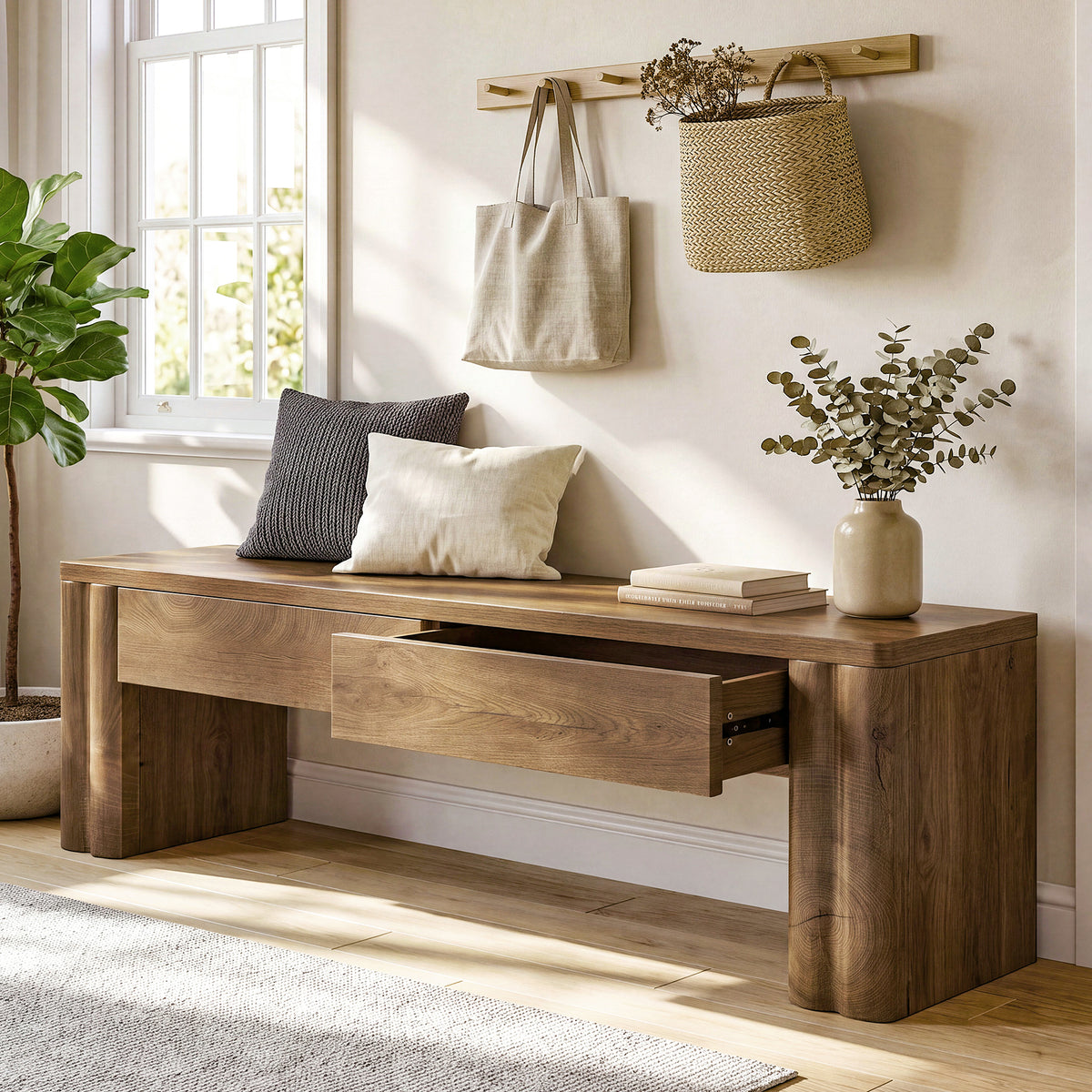 140 cm Tribesigns halbank met 2 verborgen opberglades, moderne zitbank in warme eikenlook voor hal en slaapkamer