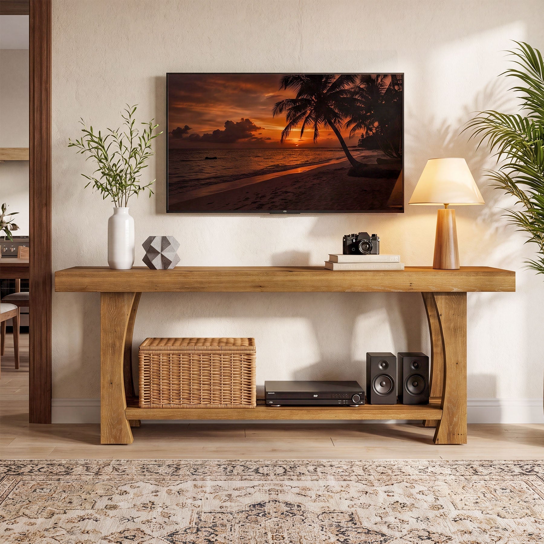 Tribesigns massief houten tv-meubel voor 55–70 inch tv’s, tv-kast met 2 opbergniveaus en taps toelopende houten poten