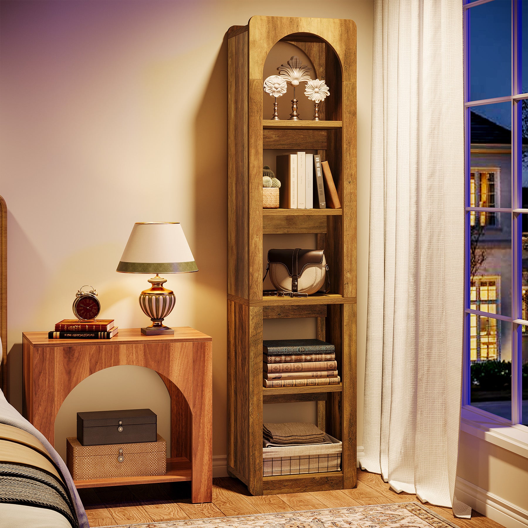 180cm Hoge Smalle Boekenkast, 5 Planken Open Opbergrek voor Kleine Ruimtes in Bruin