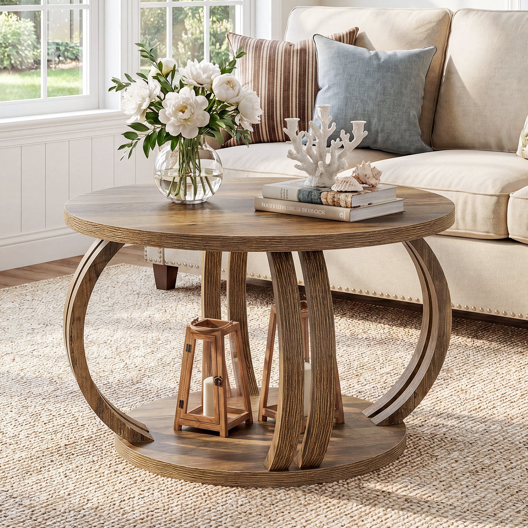 Tribesigns ronde salontafel 80 cm met plank, woonkamertafel met sculpturale zuilvoet
