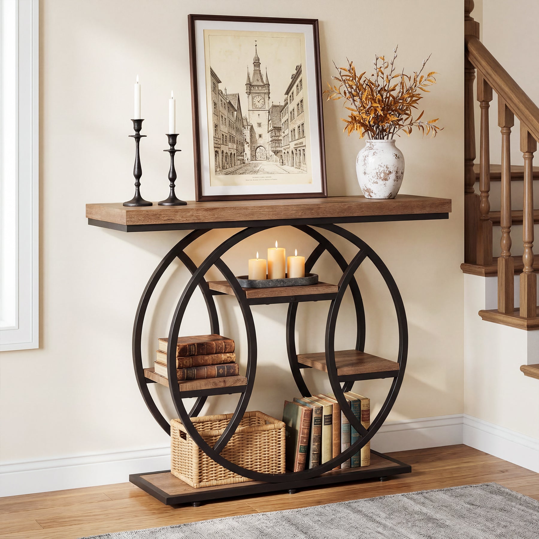 105 cm Tribesigns Consoletafel, 4-Laagse Sidetable met Rond Frame
