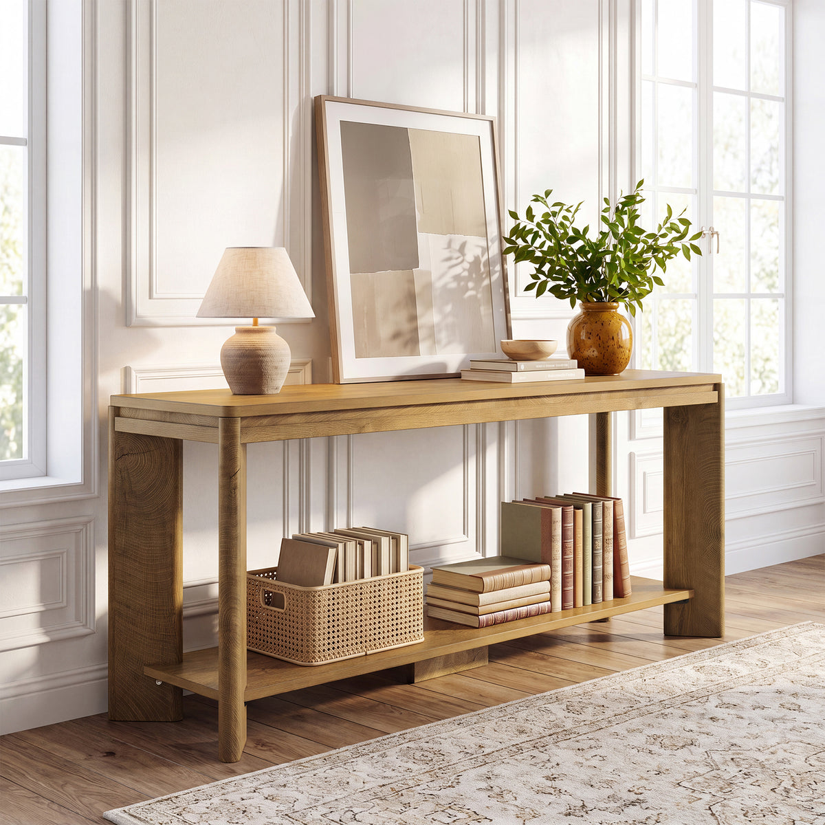 Tribesigns 160 cm lage houten consolentafel met 2-laags opbergruimte, landelijke haltafel voor hal en woonkamer