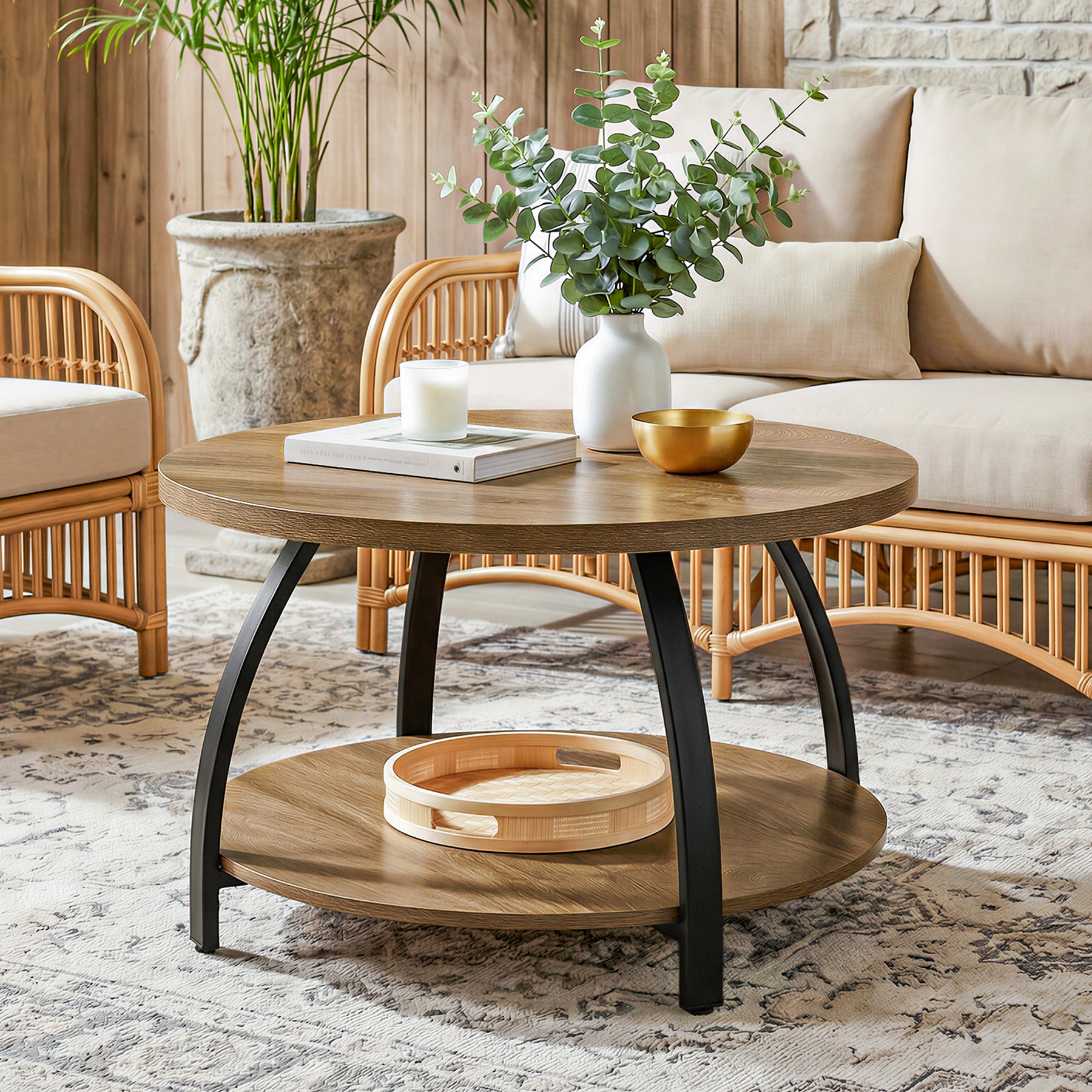 Tribesigns Ronde Salontafel van 80 cm met 2 Niveaus Opbergruimte, Centrale Woonkamertafel