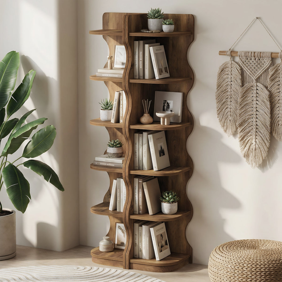 Tribesigns 6-laags Hoekrek van 180 cm met Modern Gebogen Design, Staand Plantenrek en Boekenrek voor de Woonkamer