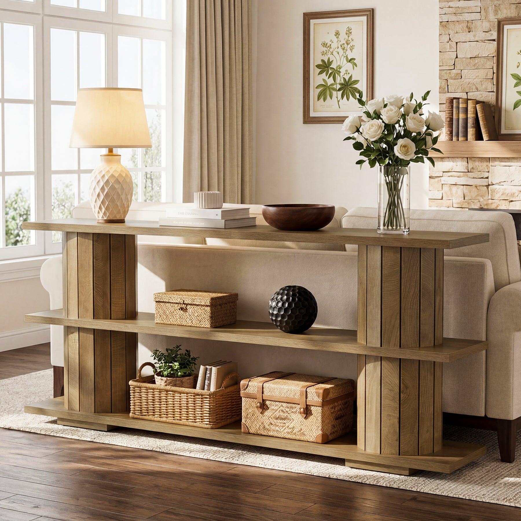 160 cm Consoletafel met 3-Laags Opbergrekken, Lange Haltafel voor Woonkamer en Entree