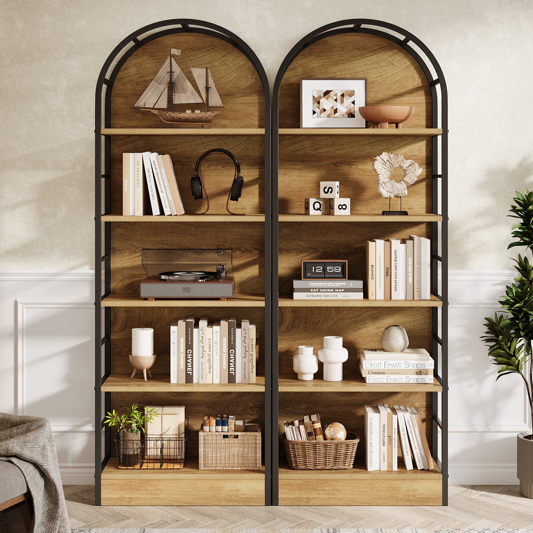 180 cm Boog Boekenkast met 5 Niveaus, Industrieel Open Rek met Metaal Frame voor Woonkamer