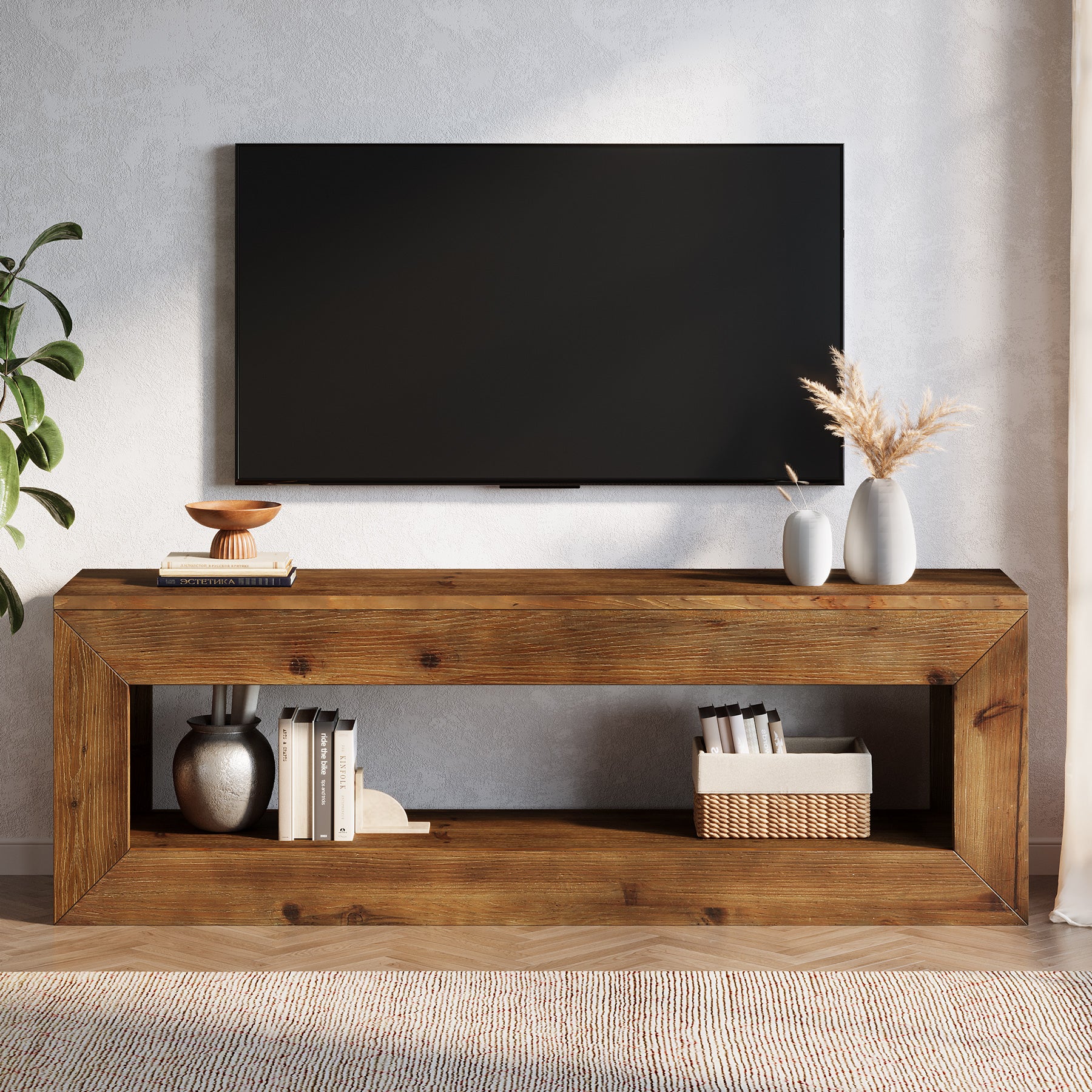 120 cm Tribesigns massief houten tv-meubel met opbergruimte, landelijke lage mediakast voor woonkamer en slaapkamer
