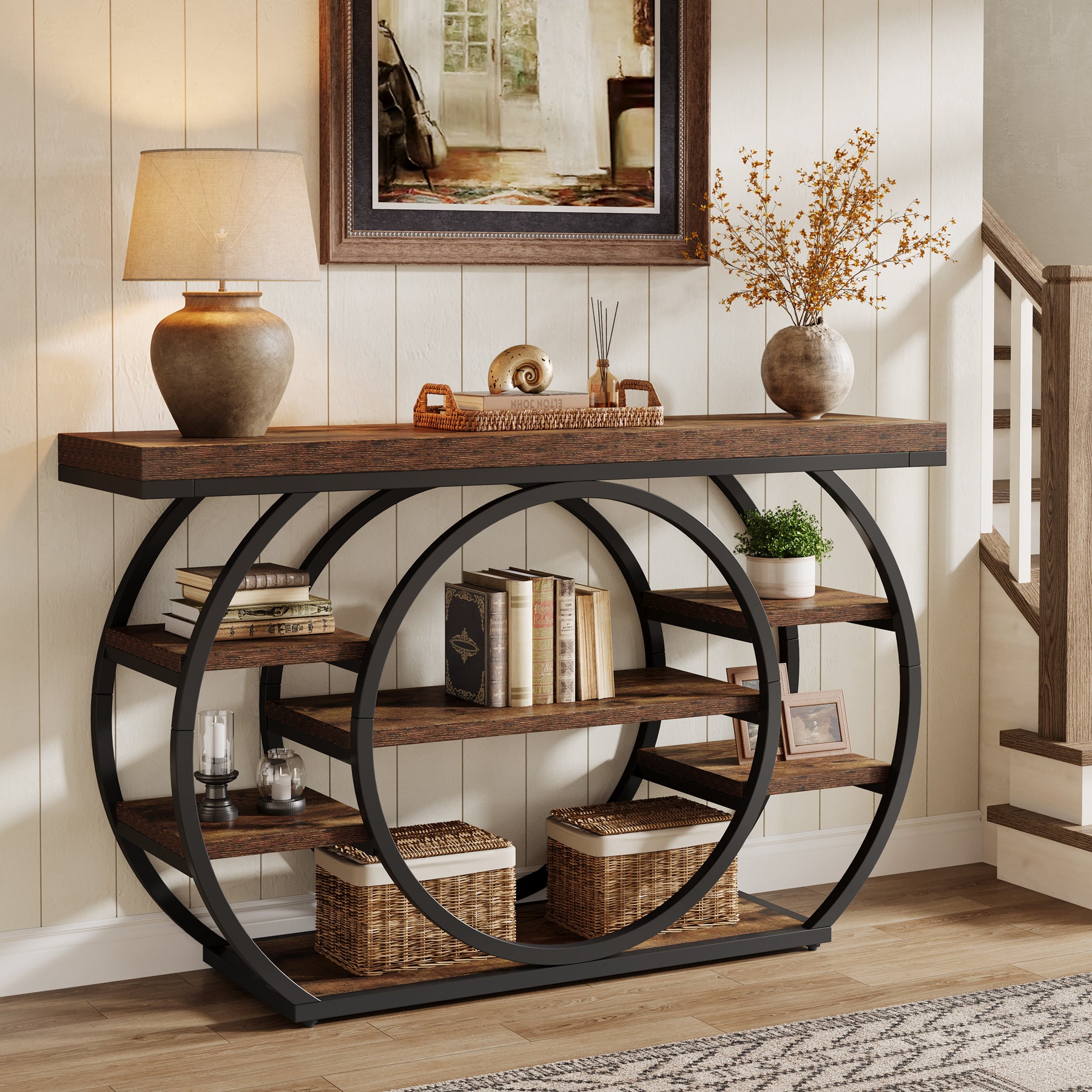 Consoletafel van 120 cm met 5 Lagen in Industrieel Design, Smalle Banktafel voor Woonkamer en Hal in Rustiek Bruin