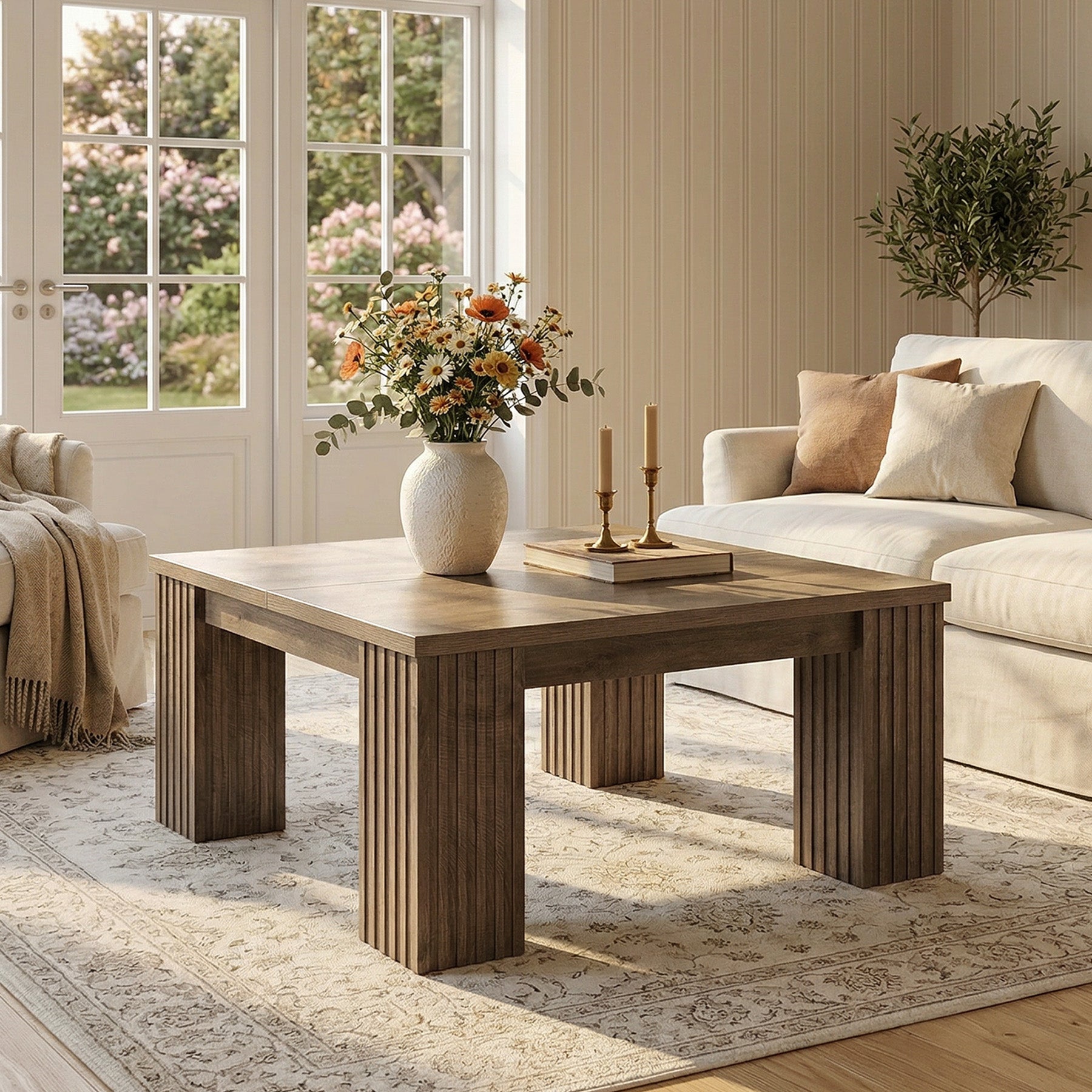 100 cm Vierkante Salontafel met Gefreesde Poten, Landelijke Houten Tafel voor Woonkamer
