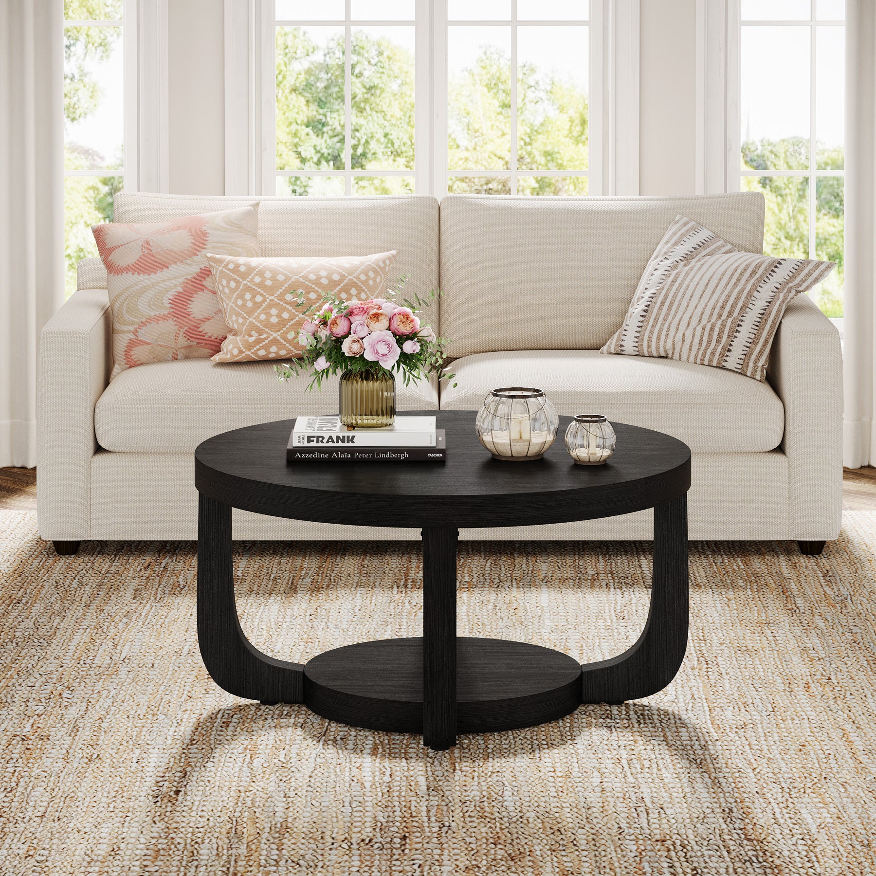 Ronde Salontafel van 80 cm met 2 Lagen en Opbergruimte, Moderne Houten Accenttafel in Rustiek Bruin voor Woonkamer