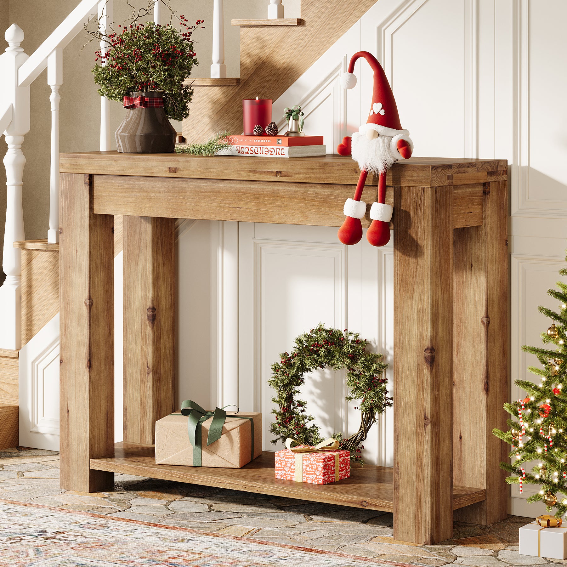 110 cm massief houten farmhouse consoletafel, smalle sidetable voor woonkamer en hal