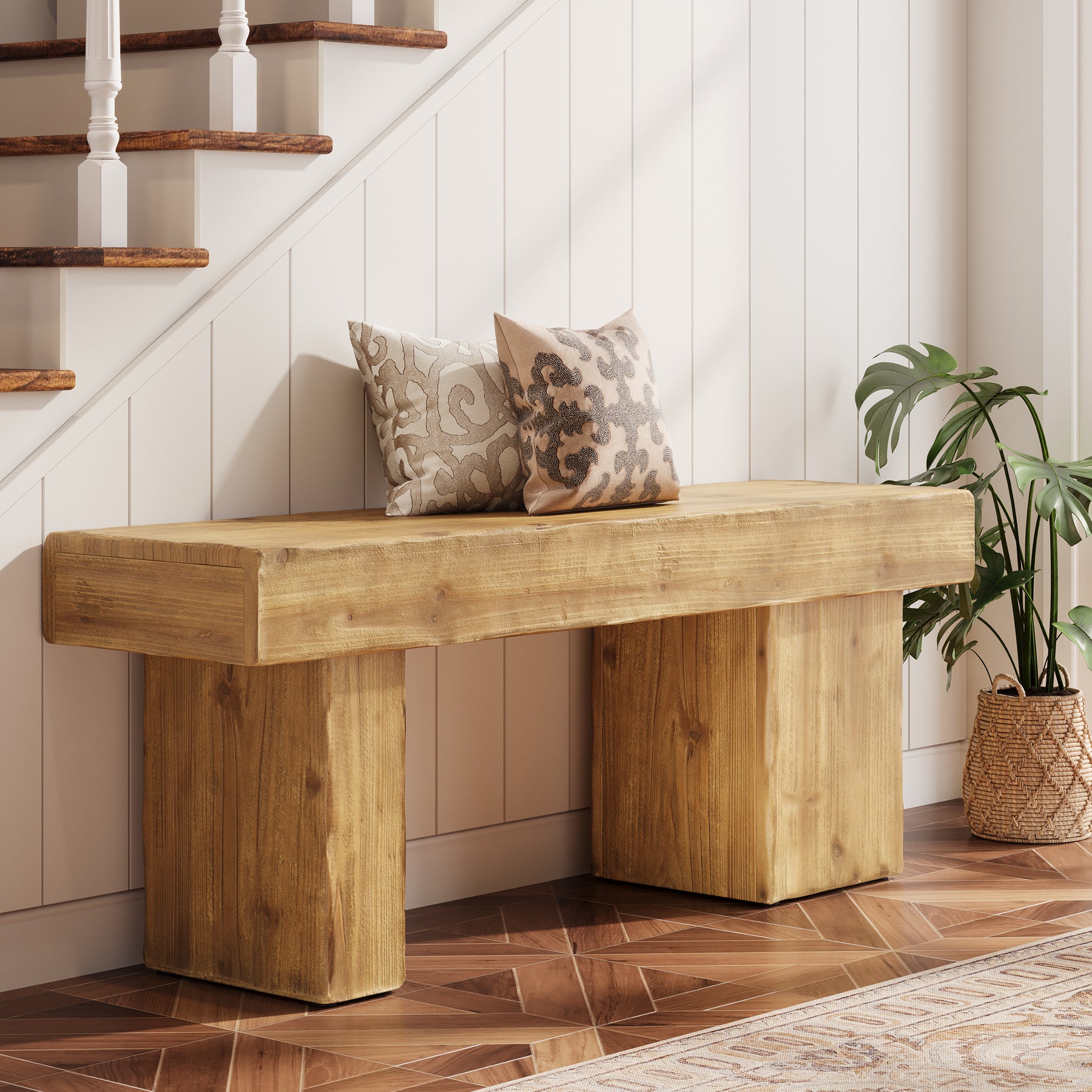 Tribesigns 119 cm massief houten halbank, farmhouse zitbank met dikke zitting