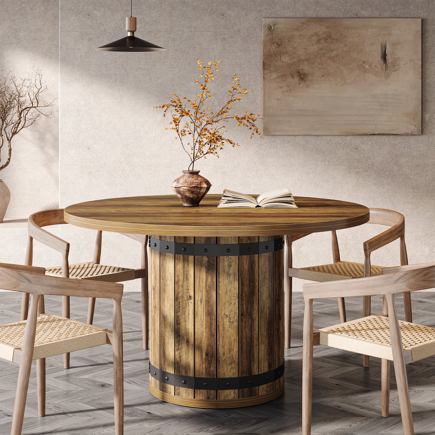 100cm Ronde Vergadertafel voor 4 Personen, Boerderijstijl met Hekwerk Basis voor Kantoor in Landelijk Bruin