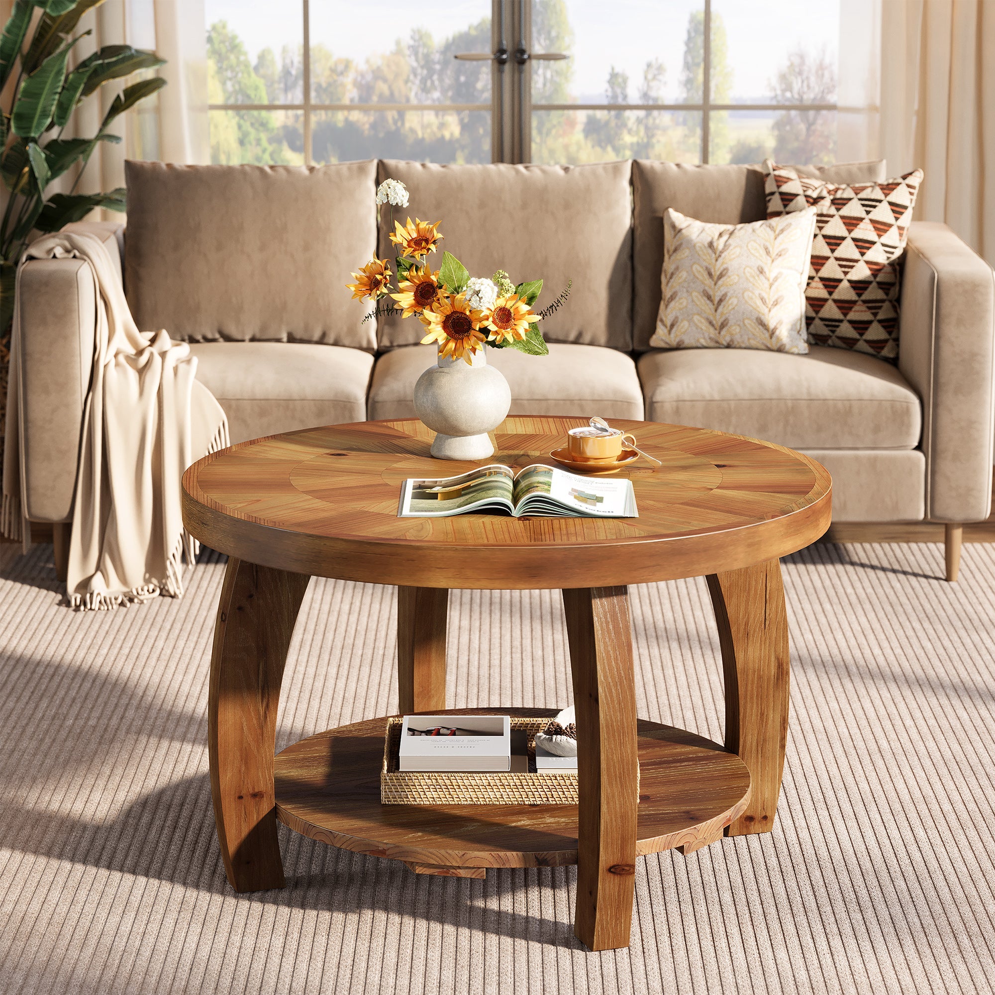 Tribesigns 80 cm ronde houten salontafel, 2-laags bijzettafeltje met mozaïekpatroon en onderste opbergplank