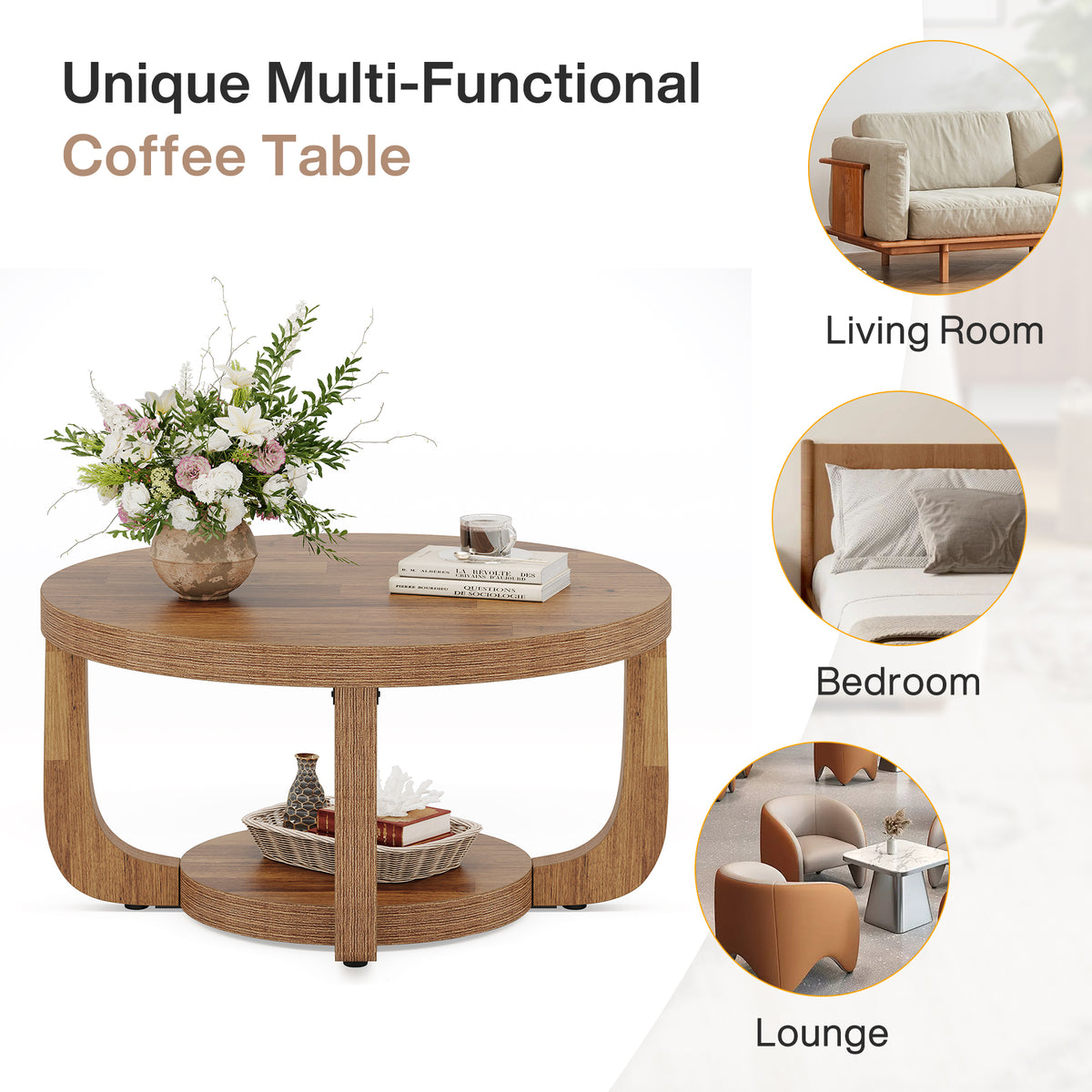 Ronde Salontafel van 80 cm met 2 Lagen en Opbergruimte, Moderne Houten Accenttafel in Rustiek Bruin voor Woonkamer