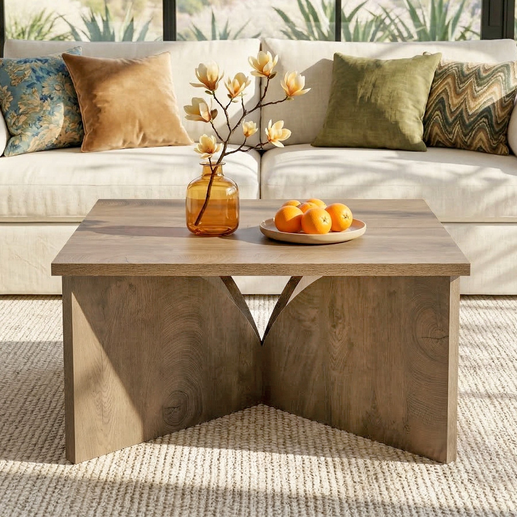 80 cm Vierkante Salontafel met Stevige Basis, Landelijke Houten Tafel voor Woonkamer
