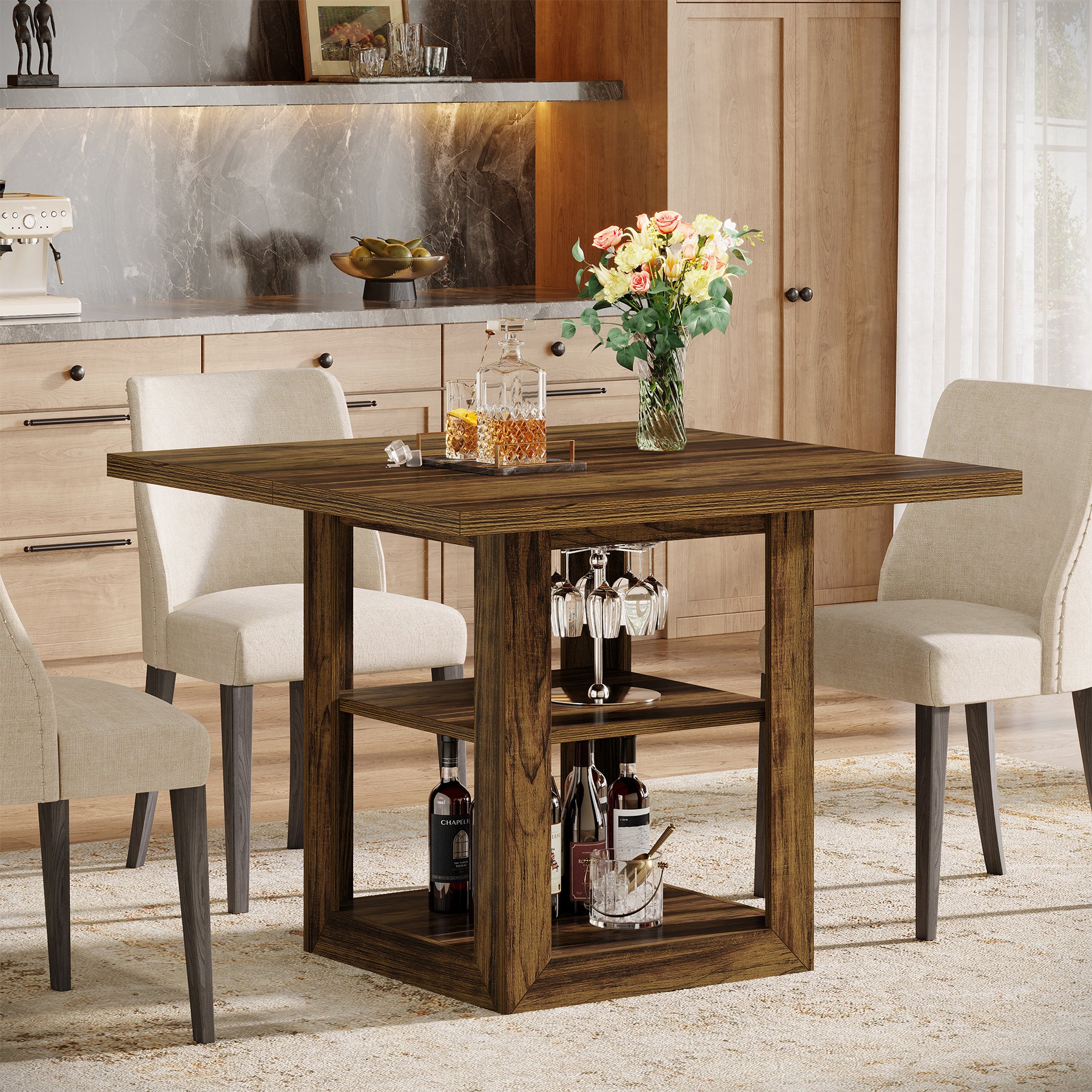 Tribesigns 79 cm Vierkante Eettafel voor 4 Personen, Met 2-Tier Opbergruimte