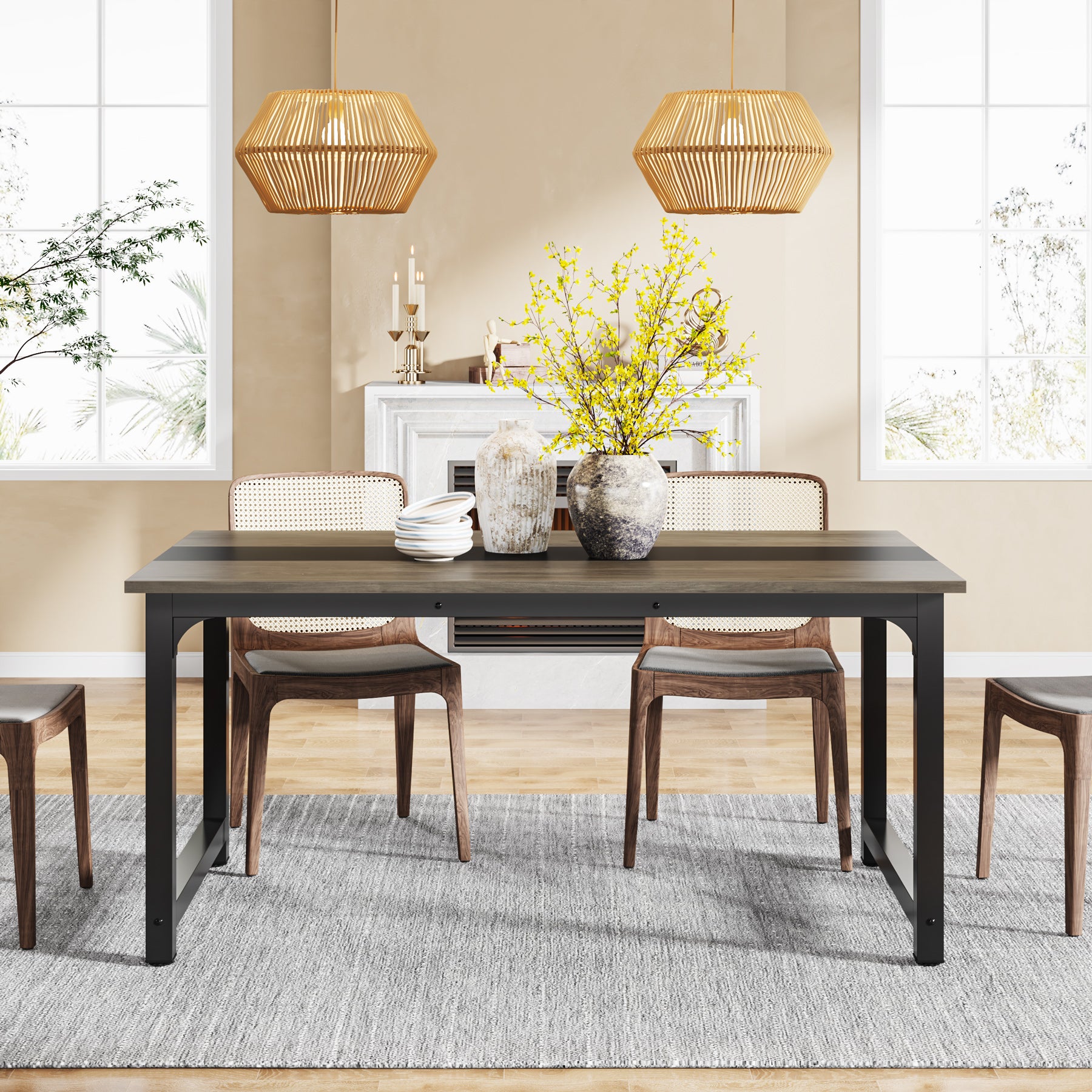 160x80 cm Industriële Eettafel, Landelijke Bruine Tafel voor 4-6 Personen met Metaal Frame