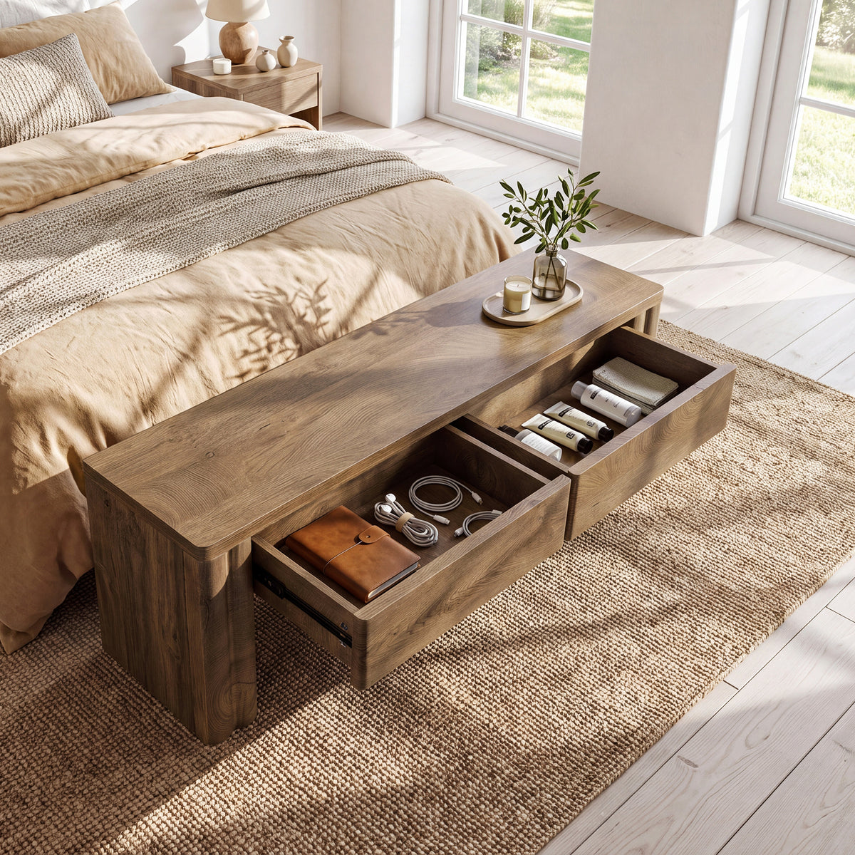 140 cm Tribesigns bedbank met 2 verborgen opberglades, moderne landelijke zitbank in warme eikenlook voor slaapkamer