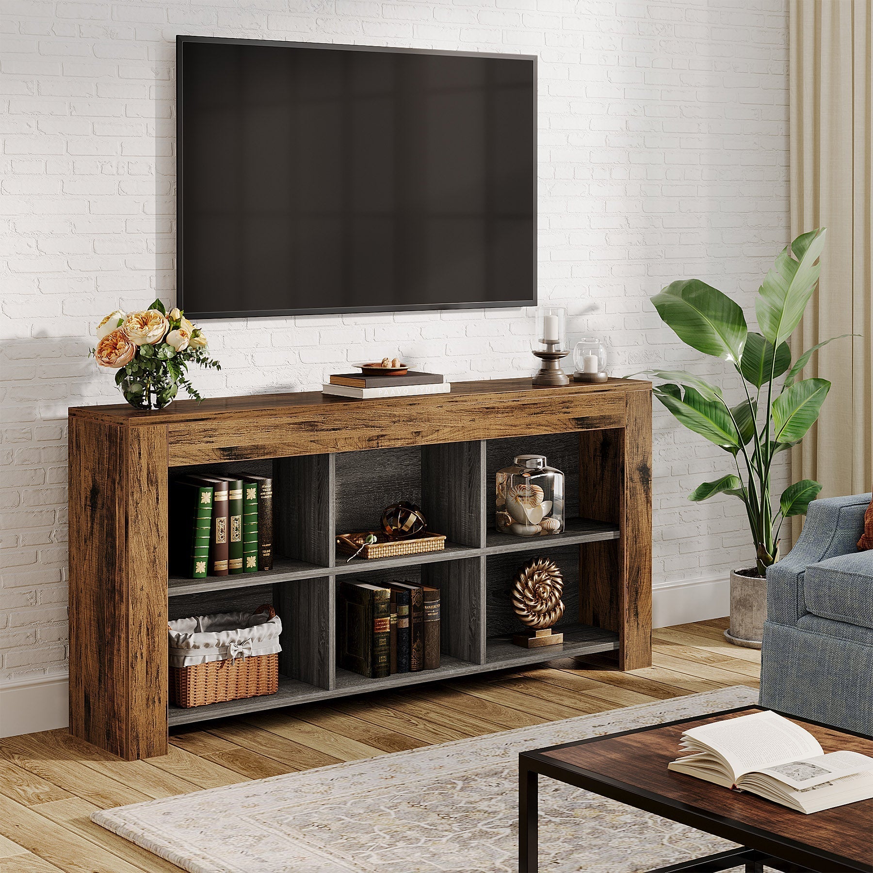 160 cm Consoletafel, Houten Tafel met 6 Opbergvakken voor Entree en Hal