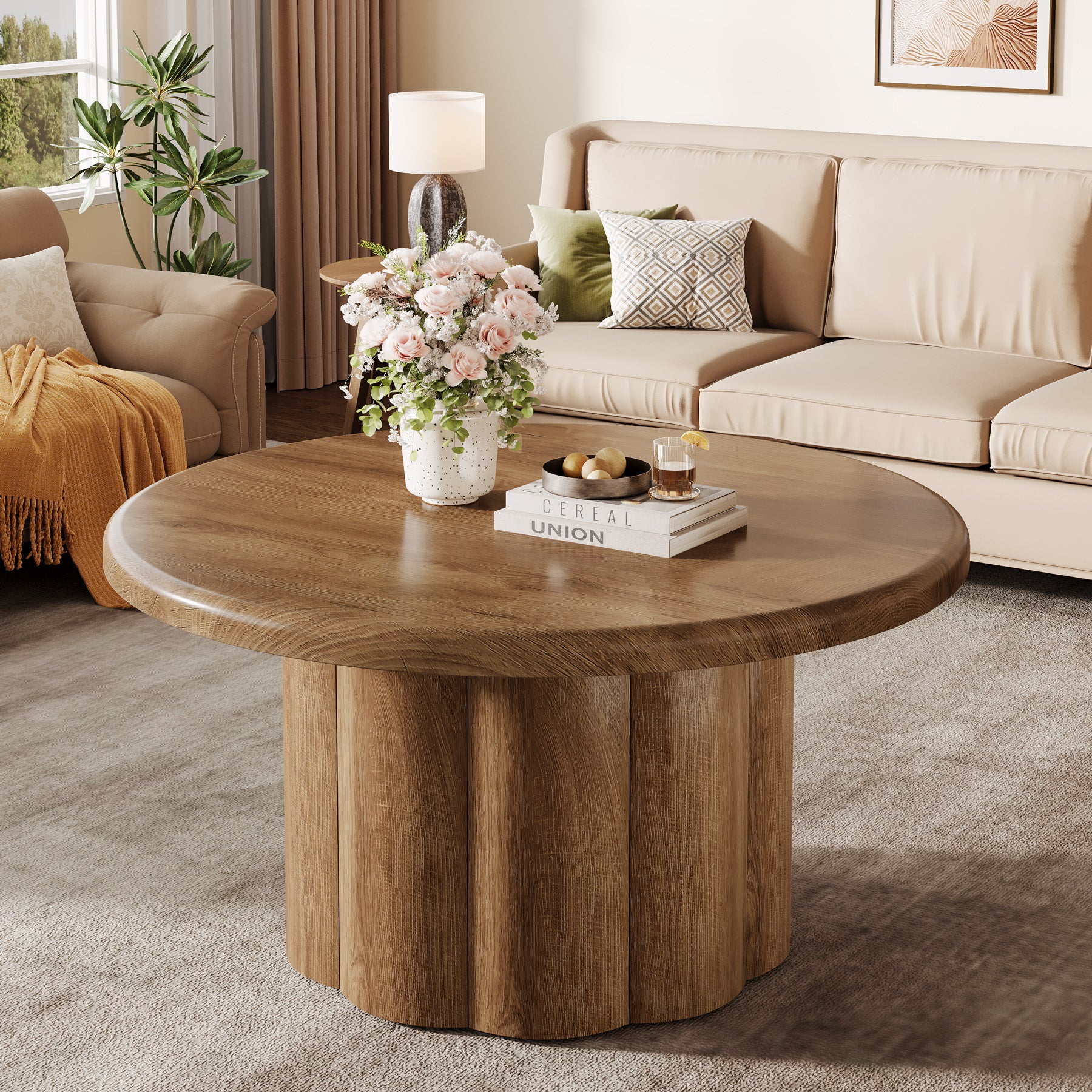 80 cm Ronde Landelijke Salontafel, Gegroefde Trommelvoet voor Woonkamer en Appartement