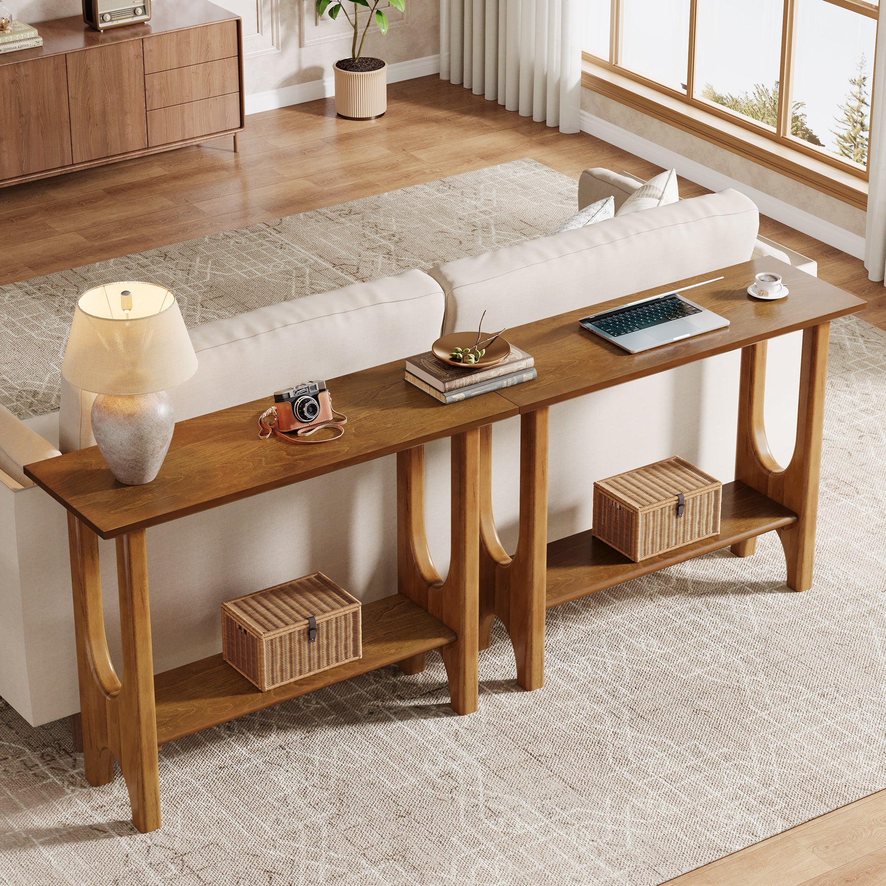 105 cm Entreetafel met 2 Niveaus, Moderne Consoletafel met Massief Houten Poten