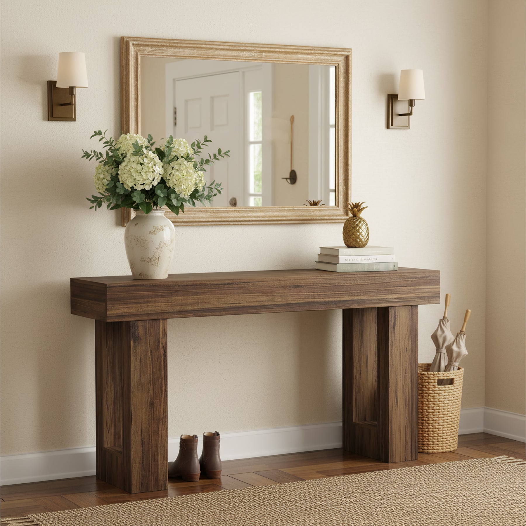 160 cm Landelijke Consoletafel met Massief Houten Poten, Houten Sofa-tafel voor Hal en Woonkamer