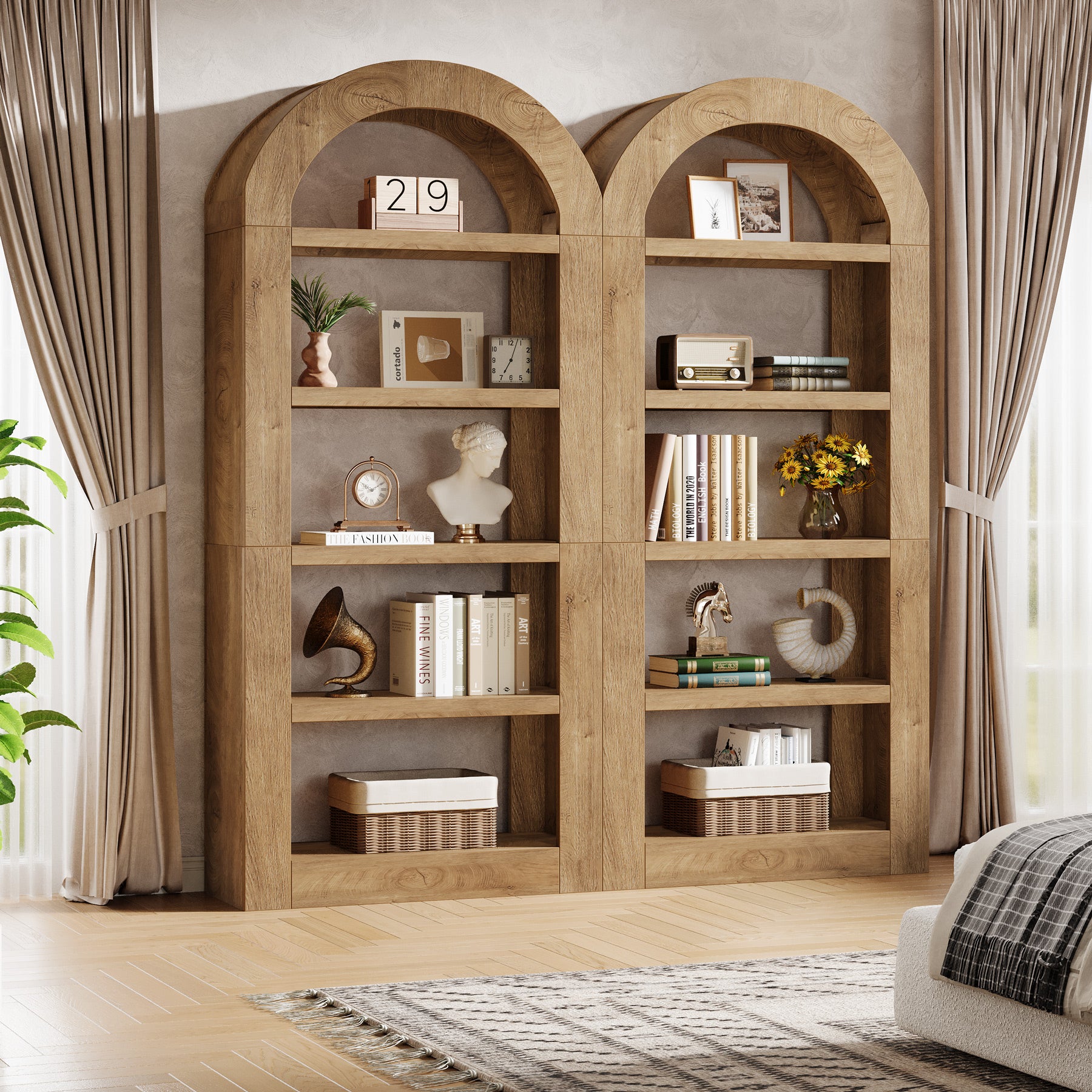 180 cm Boog Boekenkast met 5 Niveaus en Opbergruimte, Houten Open Kast voor Woonkamer en Kantoor