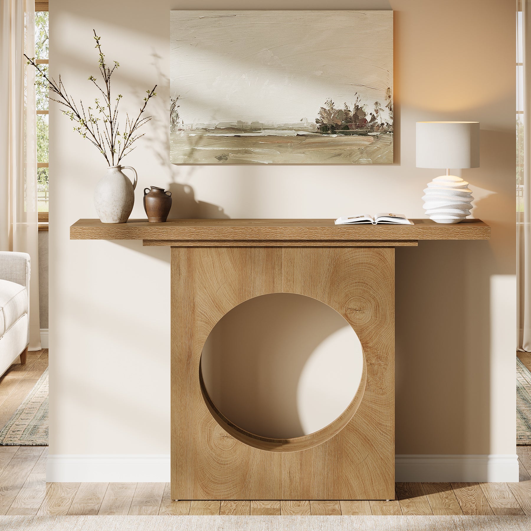 105 cm Landelijke Consoletafel met Rond Gat Ontwerp, Smalle Haltafel voor Woonkamer