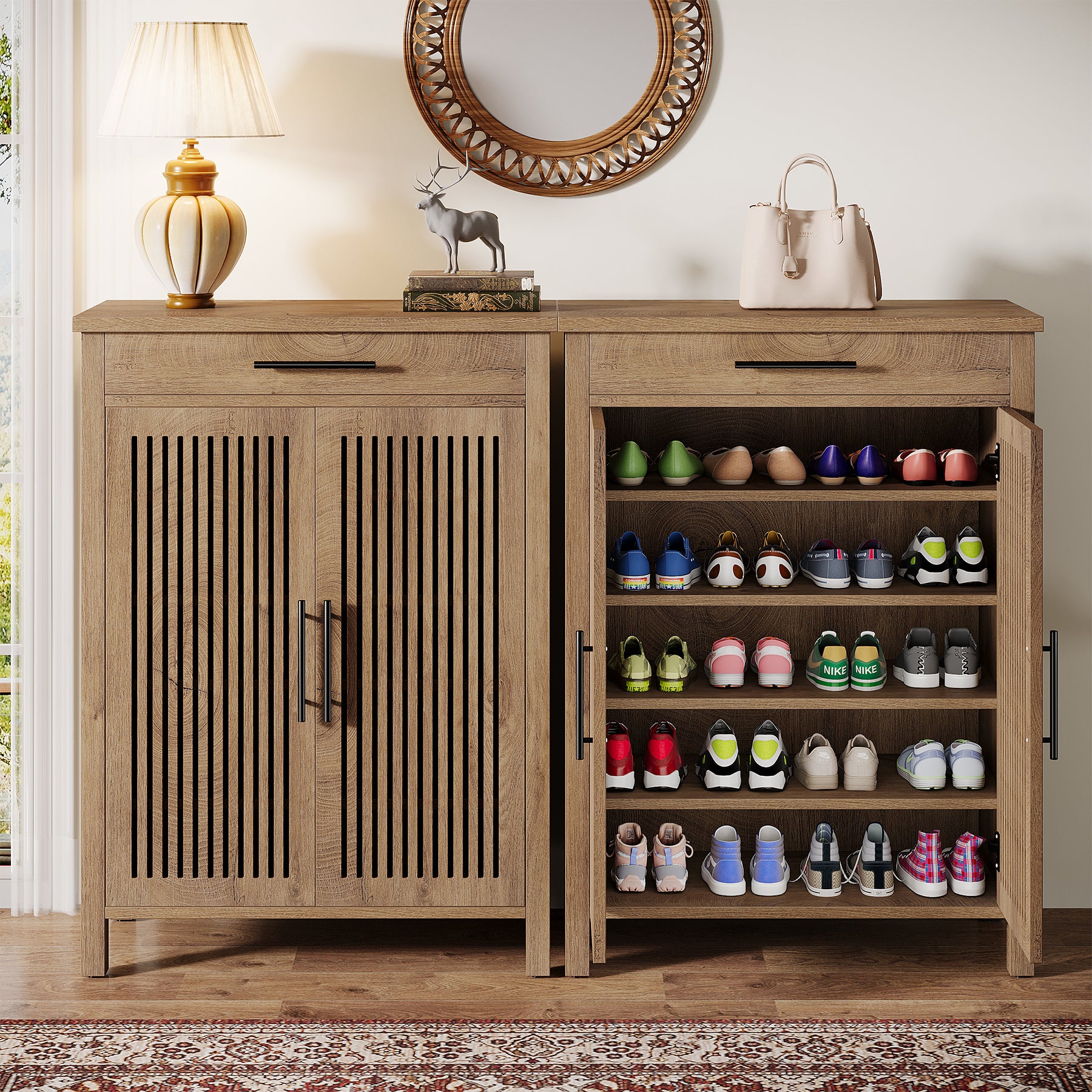 Smal Schoenenmeubel 80 cm, Verstelbare Kast Met 5 Planken En Lamellendeuren