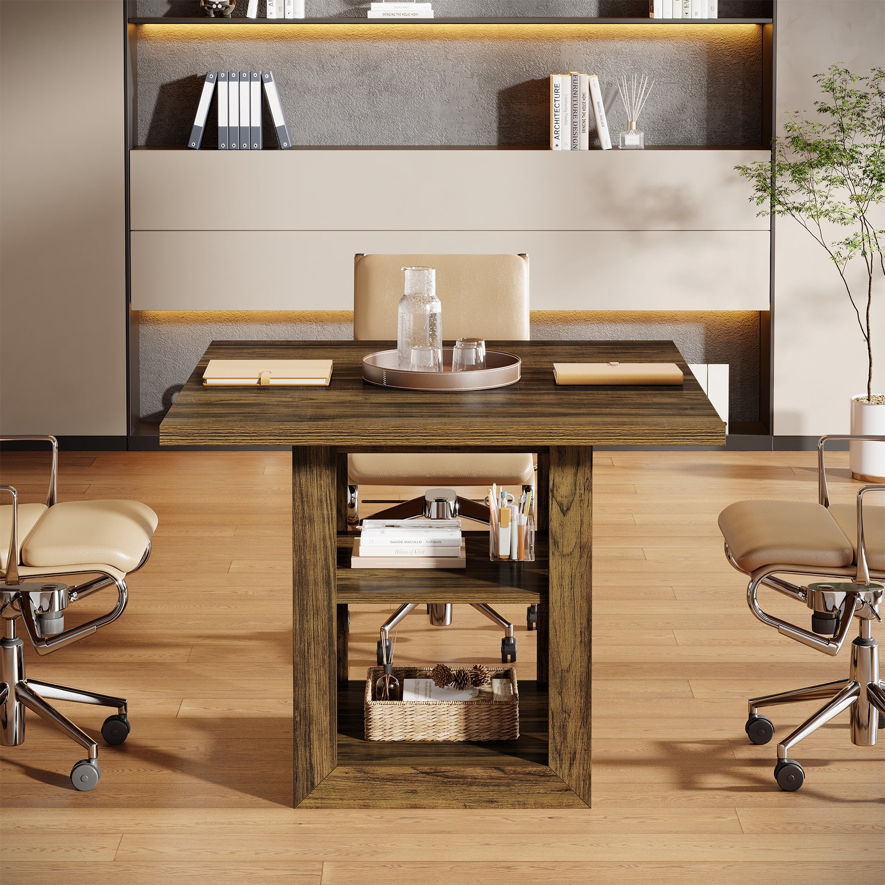 Tribesigns 80 cm Conferentietafel voor 4 Personen, Houten Vergadertafel met 2-Lagen Opbergruimte