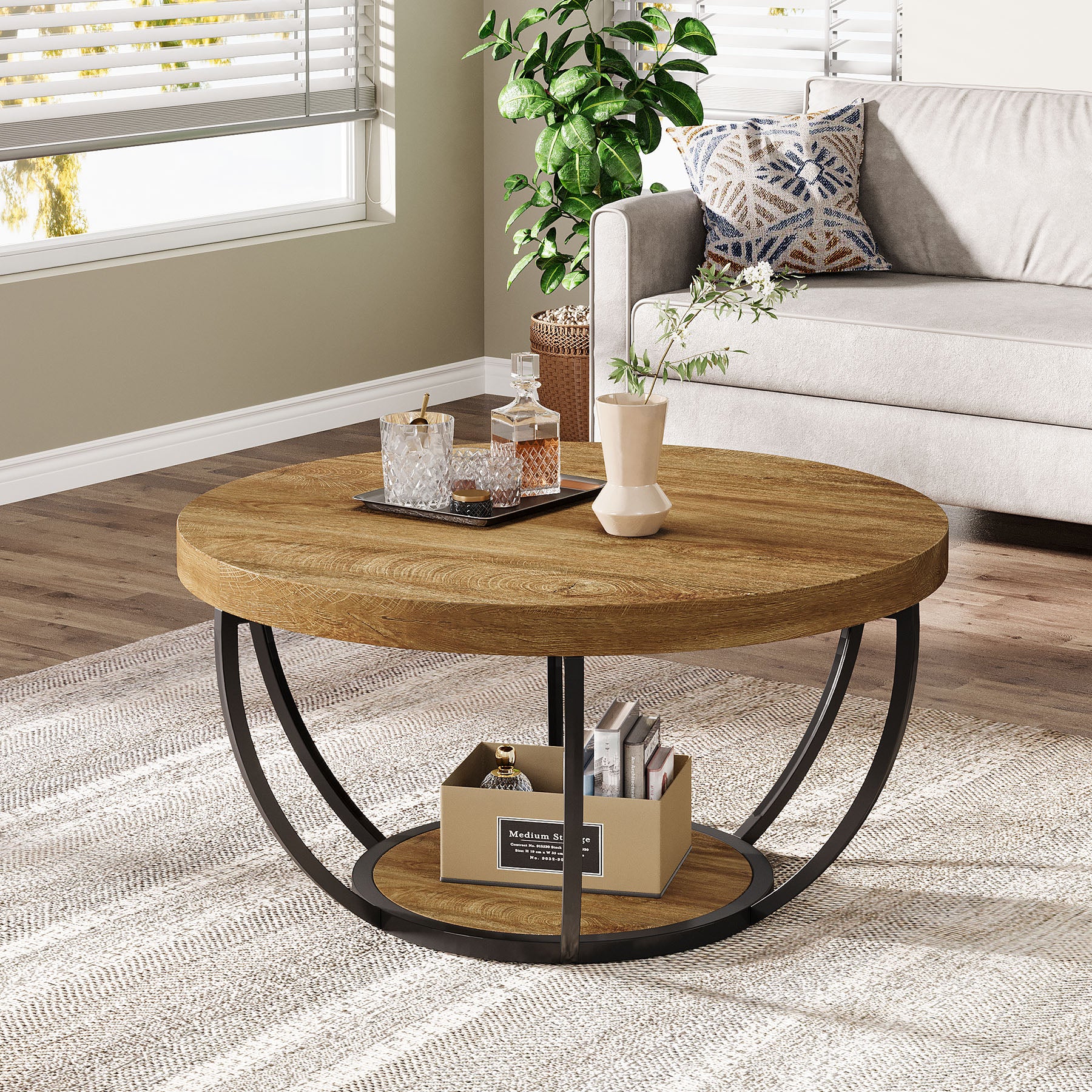 80,5 cm Ronde Industriële Salontafel, Tweelaags Middentafel in Rustiek Bruin en Zwart