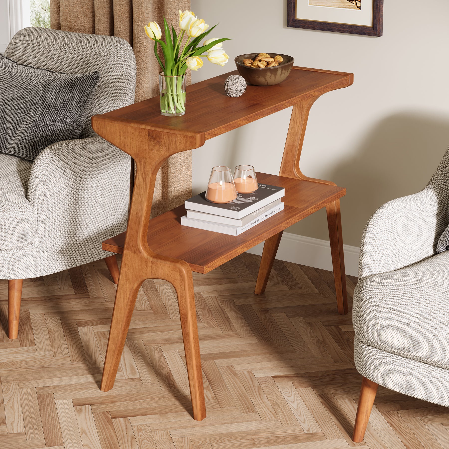 70 cm Tribesigns Bijzettafel van Massief Hout, Smalle 2-Laagse Tafel met Legplanken