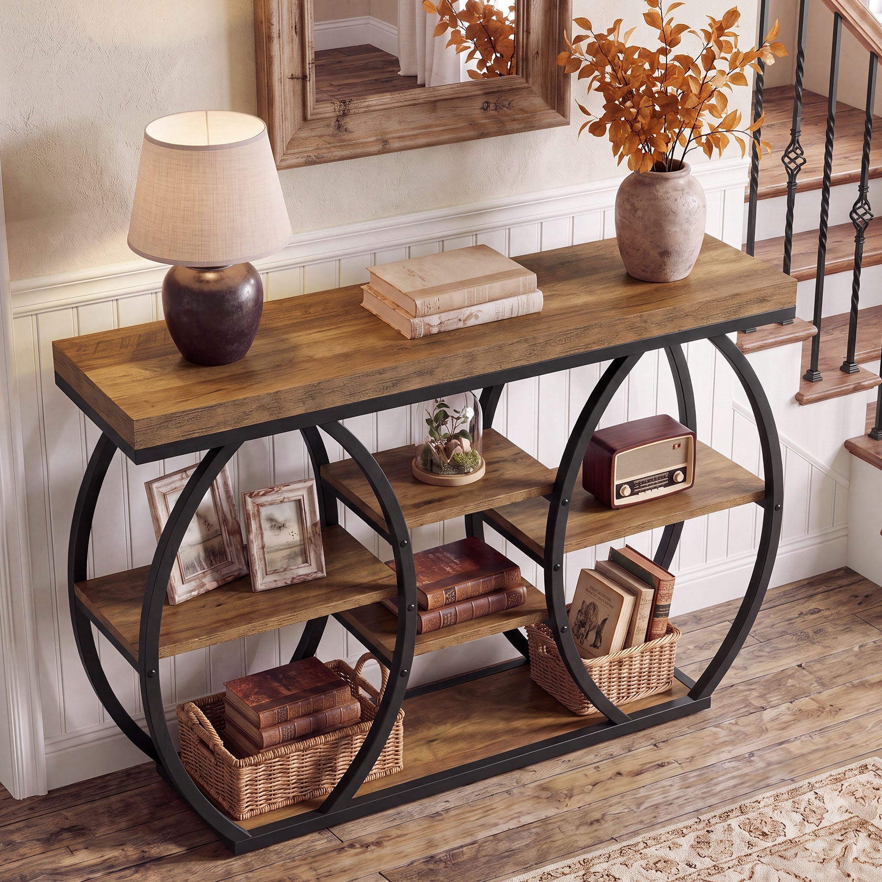 Tribesigns Consoletafel 120 cm met 6 etages, smalle haltafel in landelijke stijl met stevig metalen frame