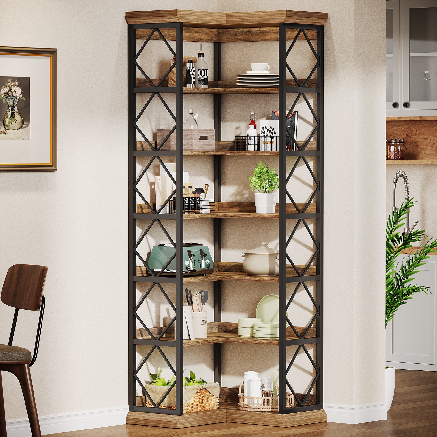184 cm Hoge Hoekboekenkast, 6-Laags L-Vormige Boekenkast met Opbergruimte voor Woonkamer