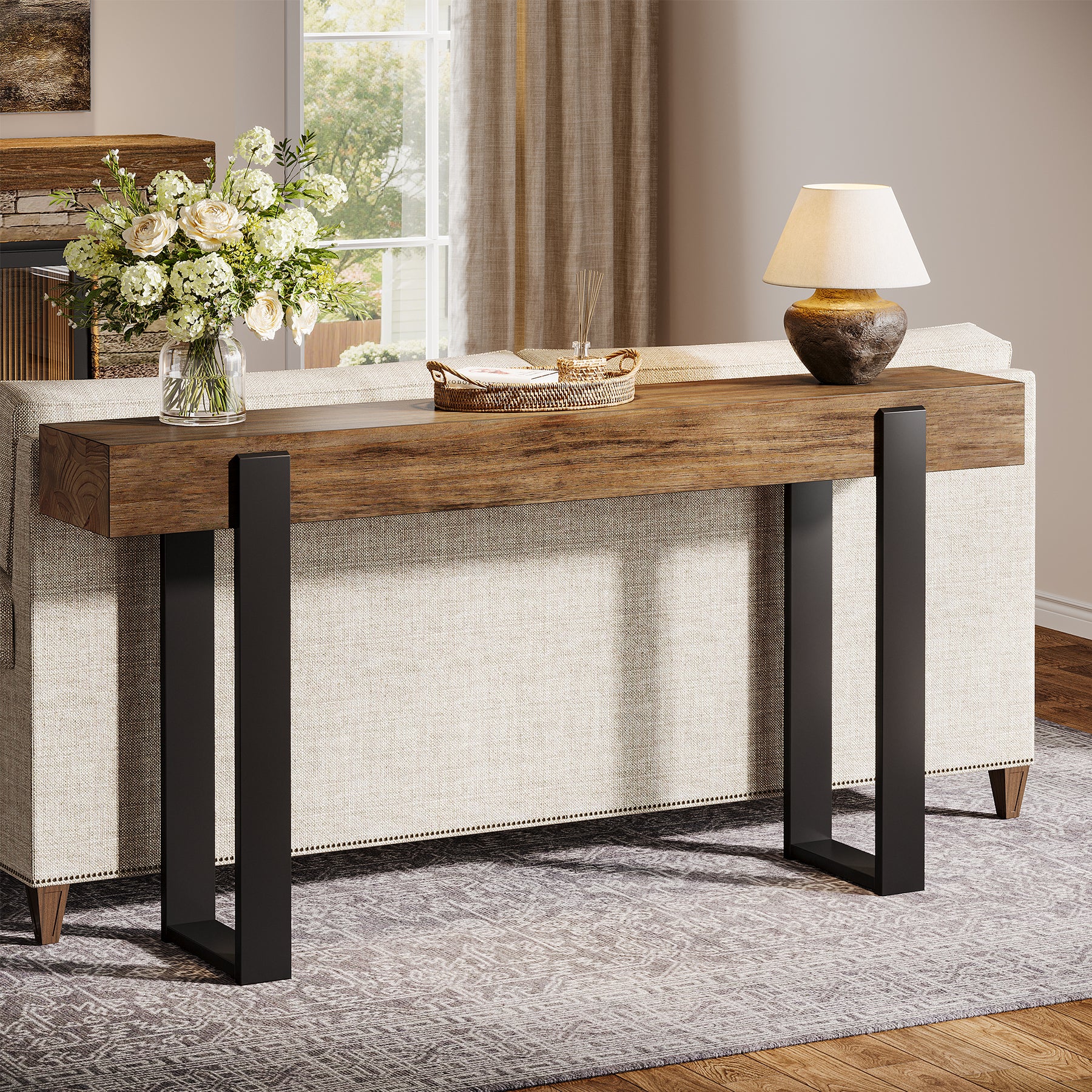 160 x 30 cm Tribesigns massief houten consoletafel met metalen steunpoten, smalle sidetable voor hal entree woonkamer en achter de bank