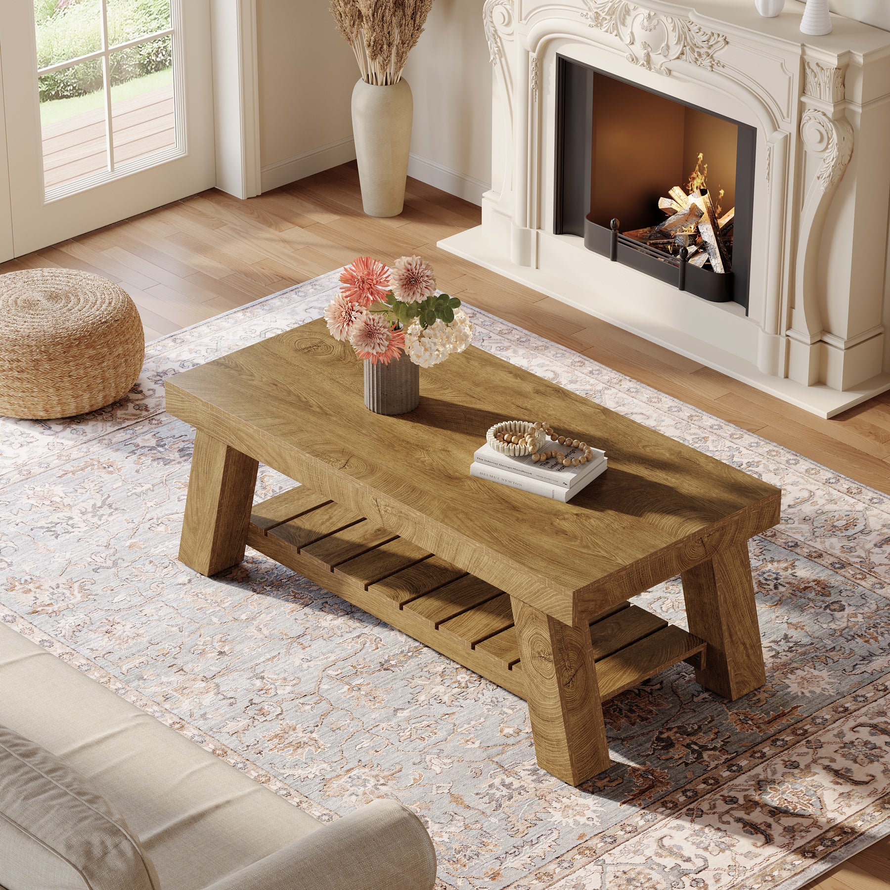 120 cm Rechthoekige Salontafel Boerderij Stijl, Met 2 Opbergplanken voor Woonkamer en Appartement