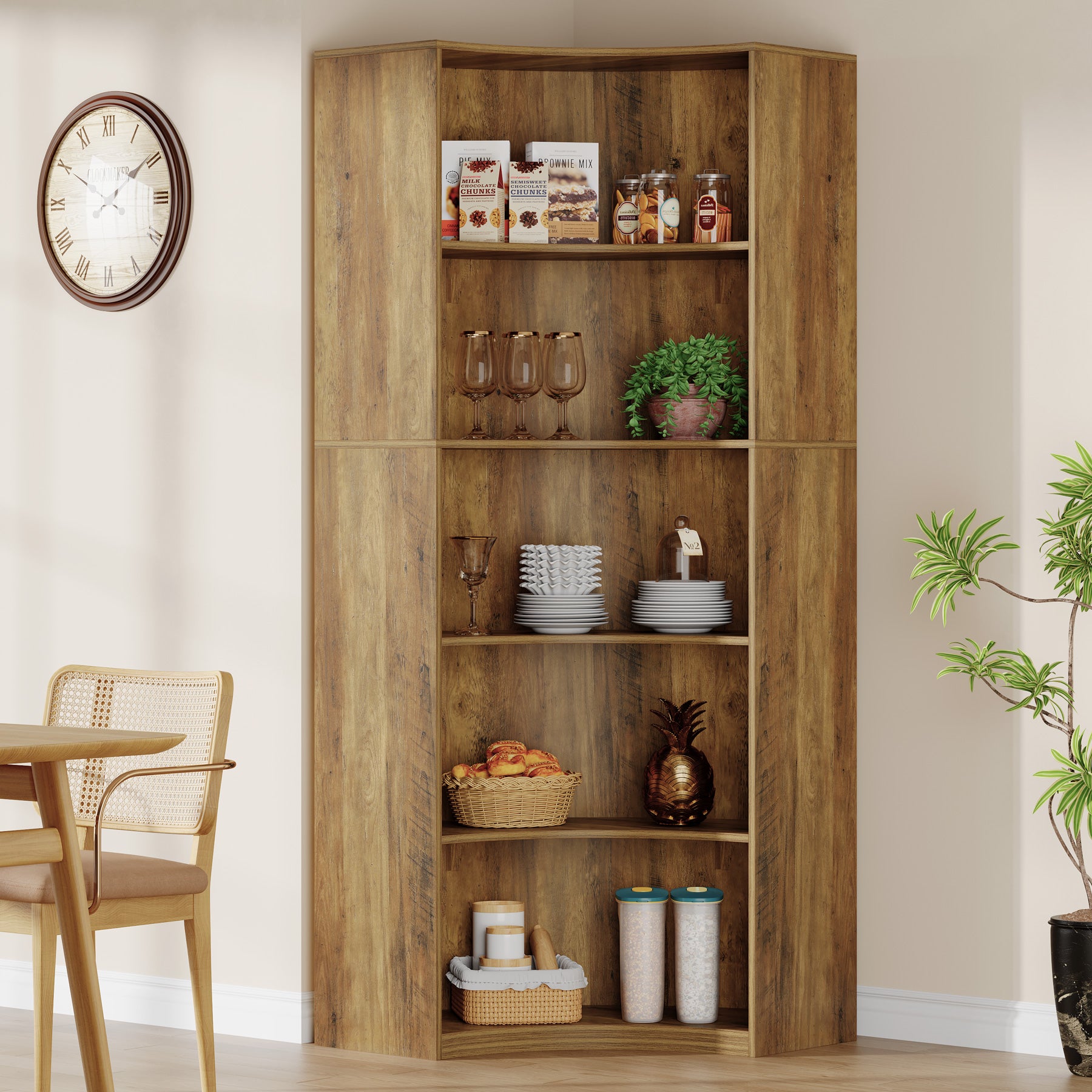 180 cm Hoge Hoekboekenkast, Landelijke Opbergkast met Gebogen Randen voor Woonkamer