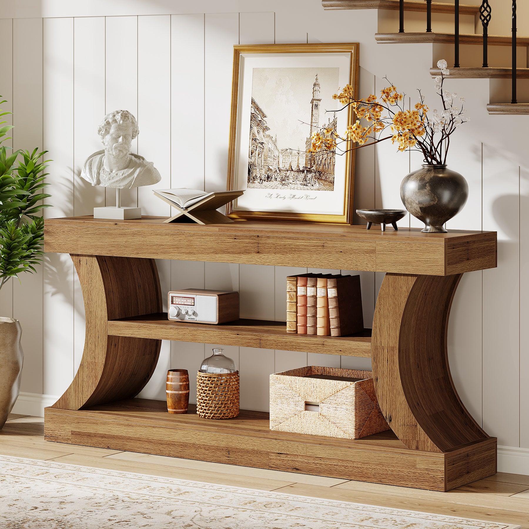 160 cm Tribesigns consoletafel met gebogen ontwerp, lage tv-kast met opbergruimte voor woonkamer
