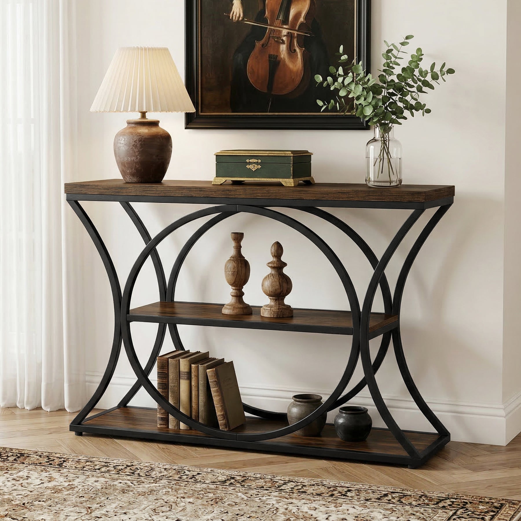 105 cm Tribesigns Industriële Consoletafel, 3-Laagse Sidetable met Boogframe
